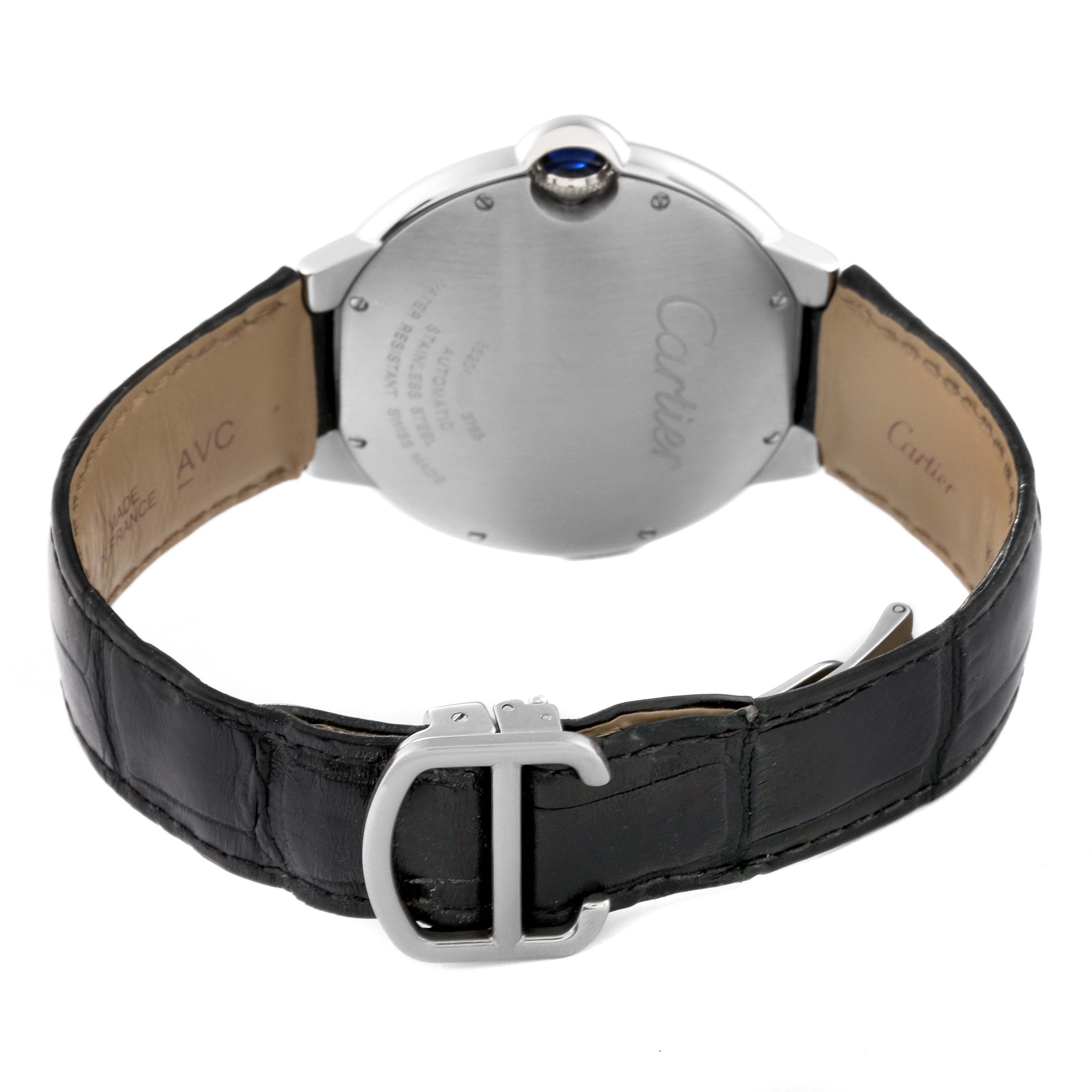 The image shows the back case and leather strap with buckle of the Ballon Bleu de Cartier watch.
