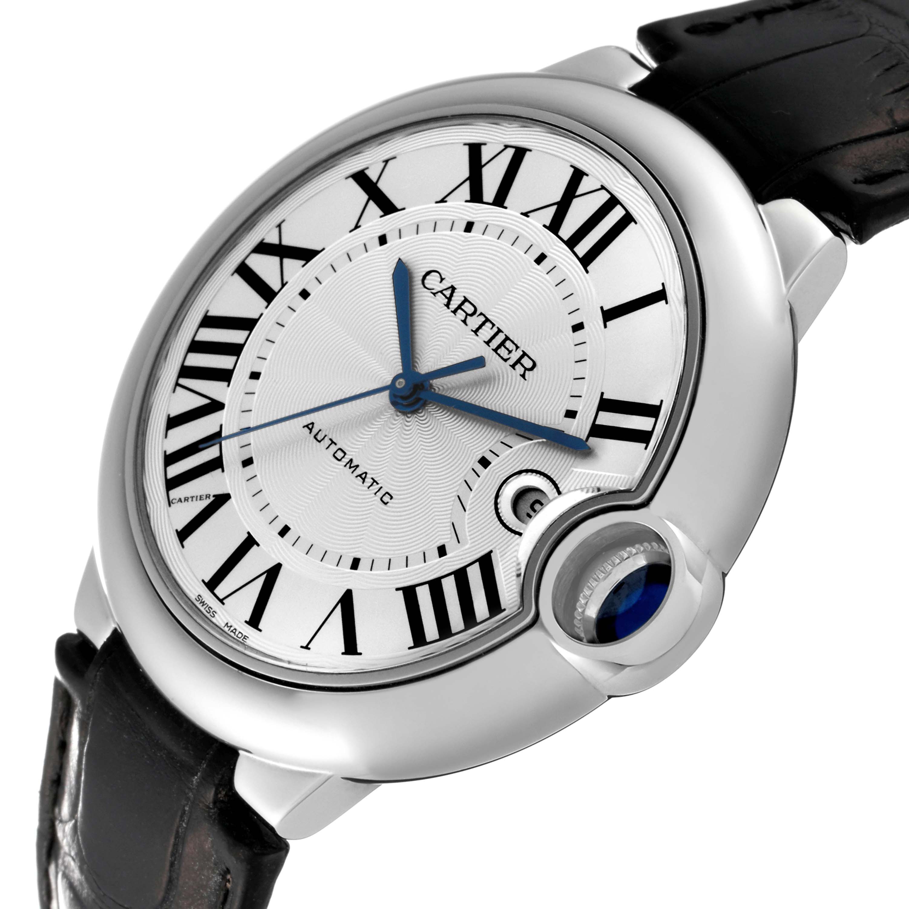 The image shows a close-up of the Cartier Ballon Bleu W69016Z4 Men
s Stainless Steel Silver Dial W69016Z4 Men
s Stainless Steel Silver Dial watch, highlighting its dial, crown, and leather strap.