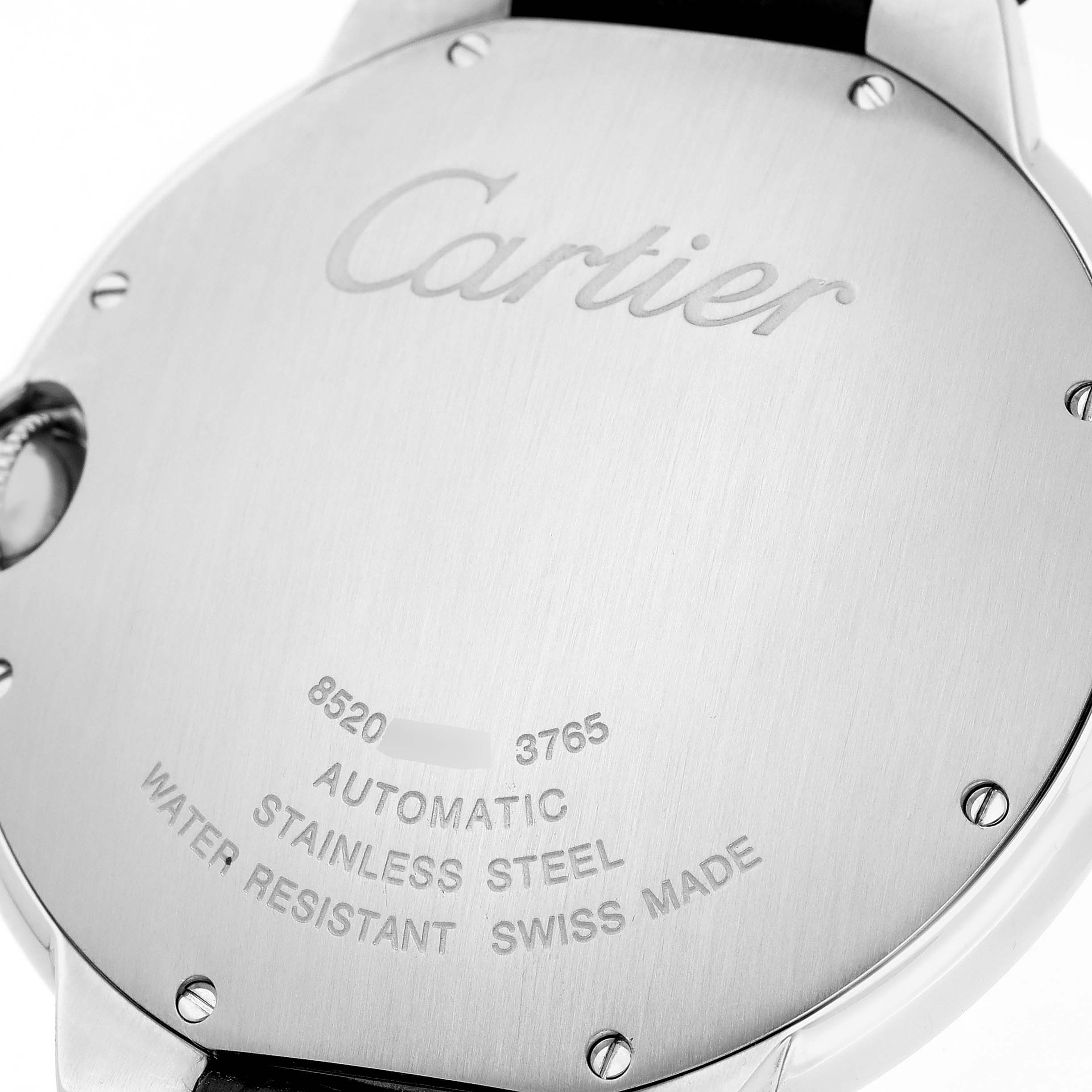 The image shows the back of a Cartier Ballon Bleu W69016Z4 Men
s Stainless Steel Silver Dial W69016Z4 Men
s Stainless Steel Silver Dial watch, displaying brand engraving and specifications.