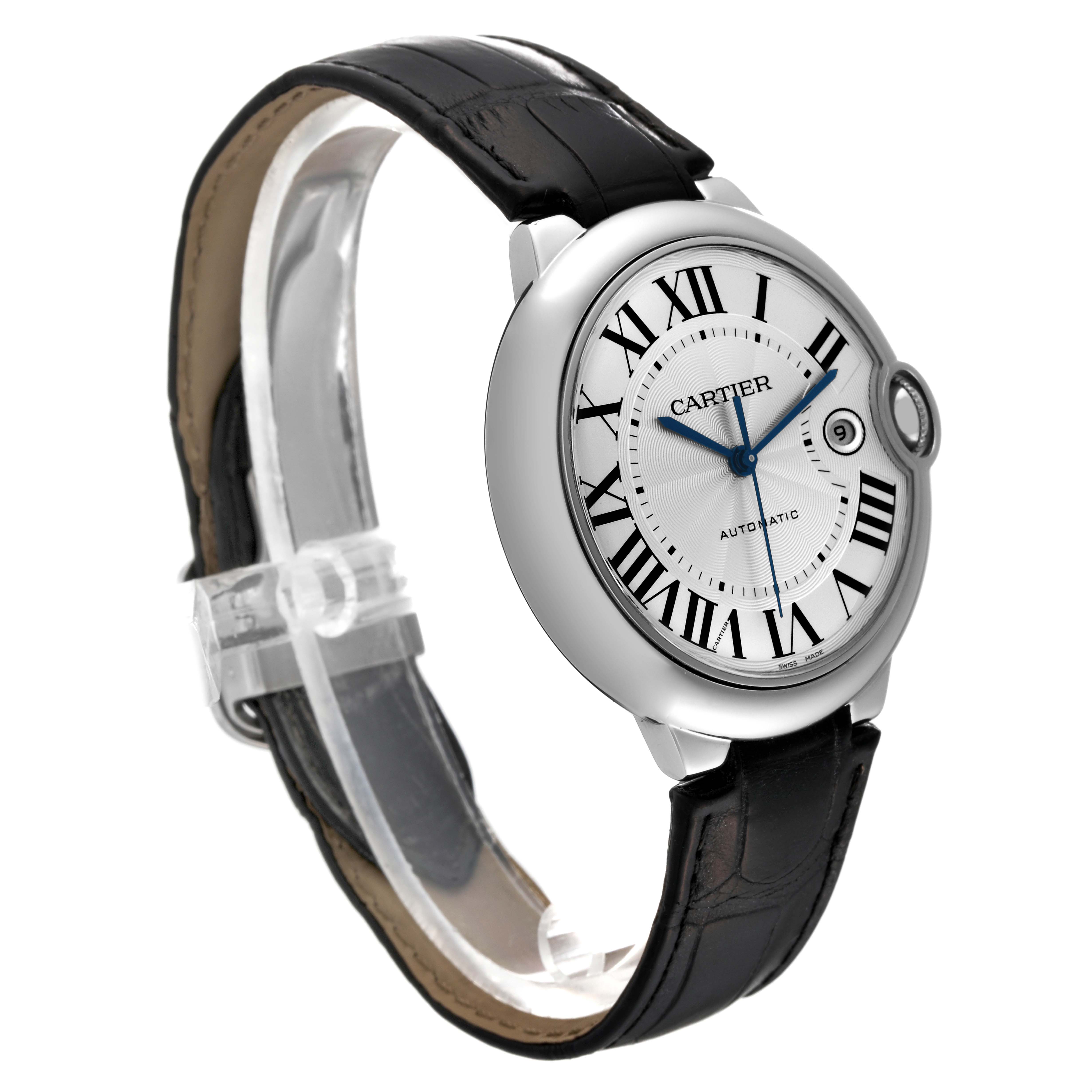 The image shows a side and partial front view of the Cartier Ballon Bleu W69016Z4 Men
s Stainless Steel Silver Dial W69016Z4 Men
s Stainless Steel Silver Dial watch, highlighting its dial, case, and leather strap.