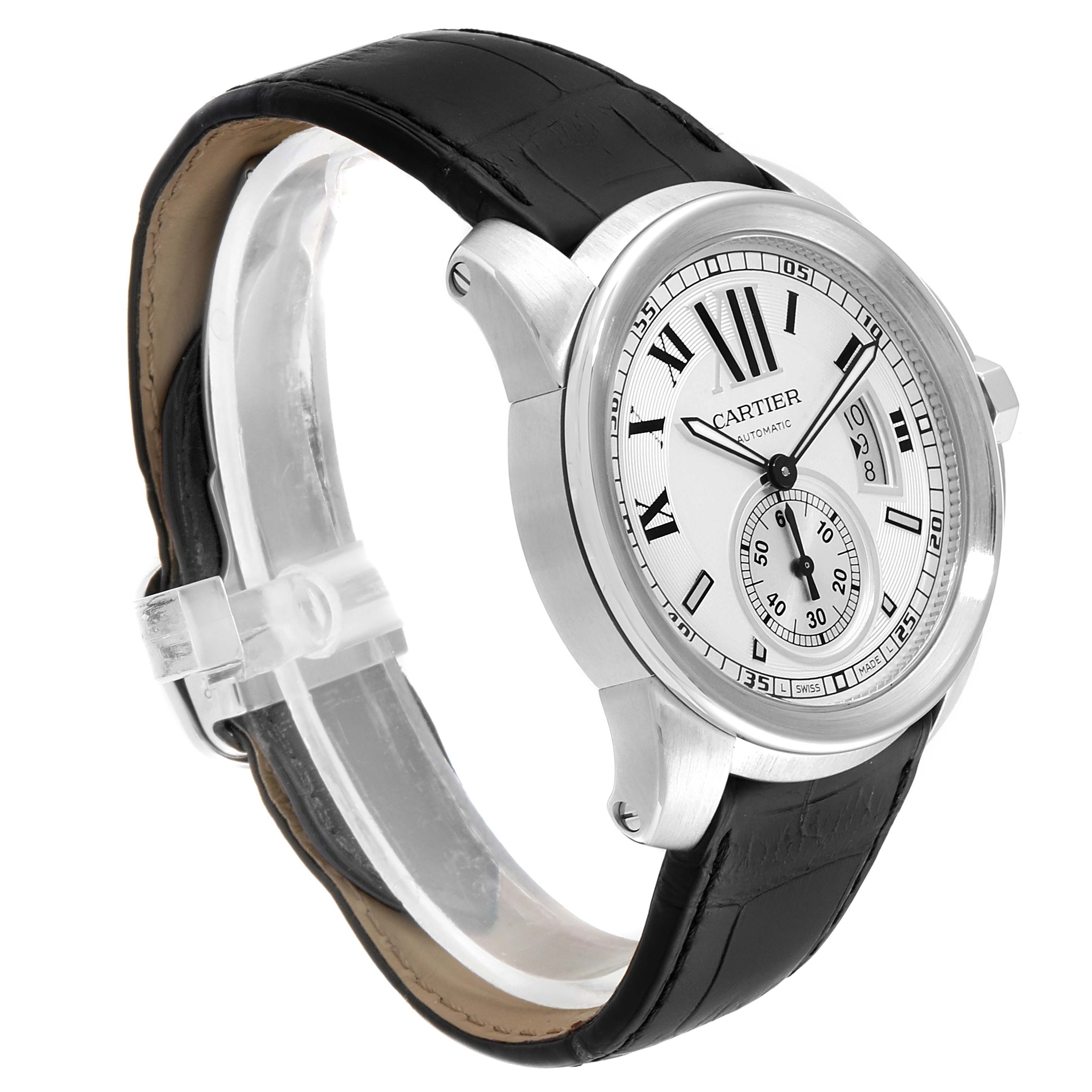 The image shows a side view of a Calibre de Cartier watch by Cartier, highlighting its dial, case, and leather strap.