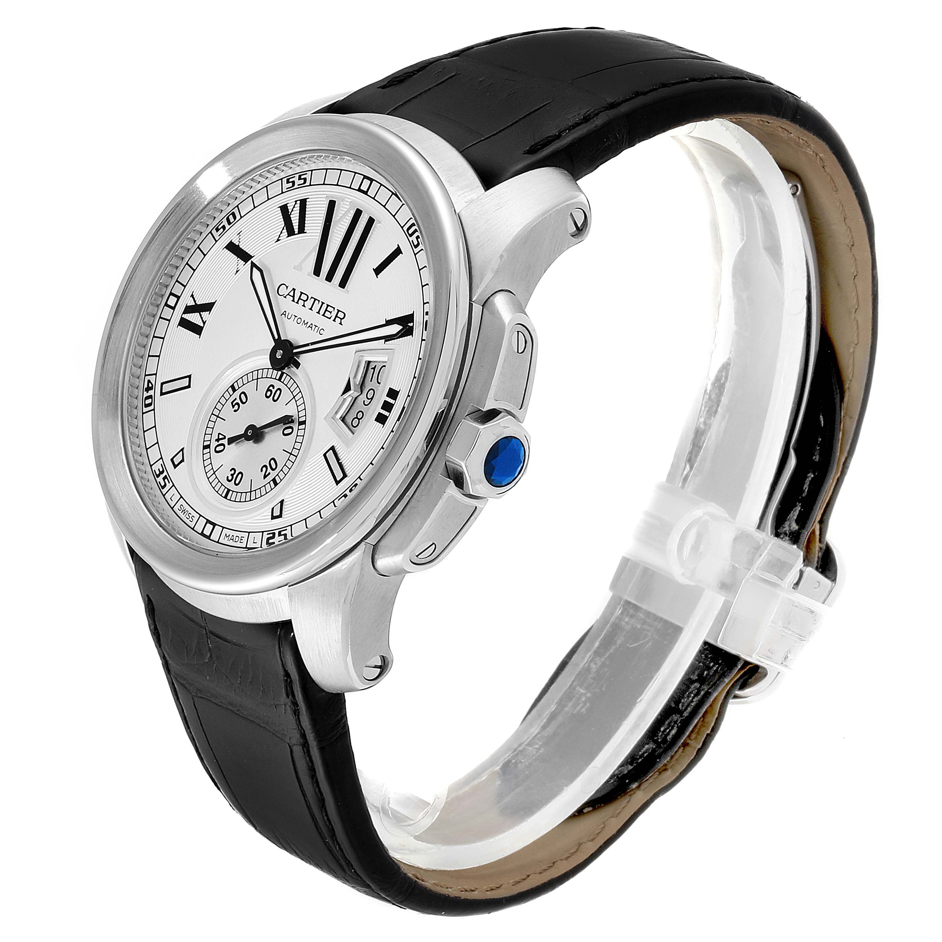 This image shows a side view of the Calibre de Cartier watch by Cartier, highlighting the dial, case, and black leather strap.