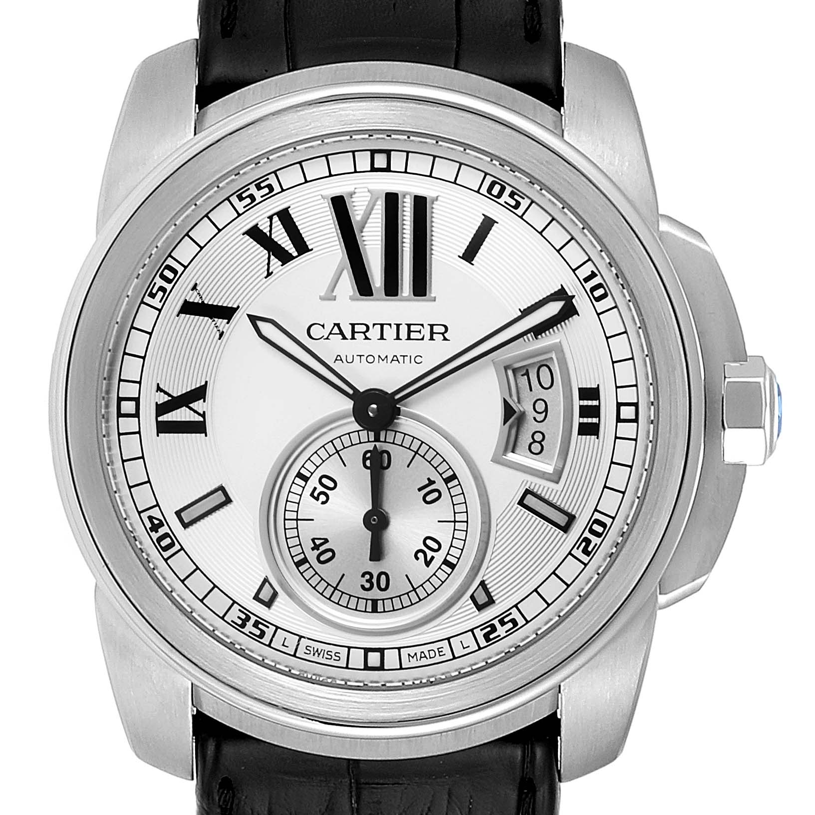 The image shows a front view of the Calibre de Cartier model by Cartier, displaying the dial, hour markers, and hands.