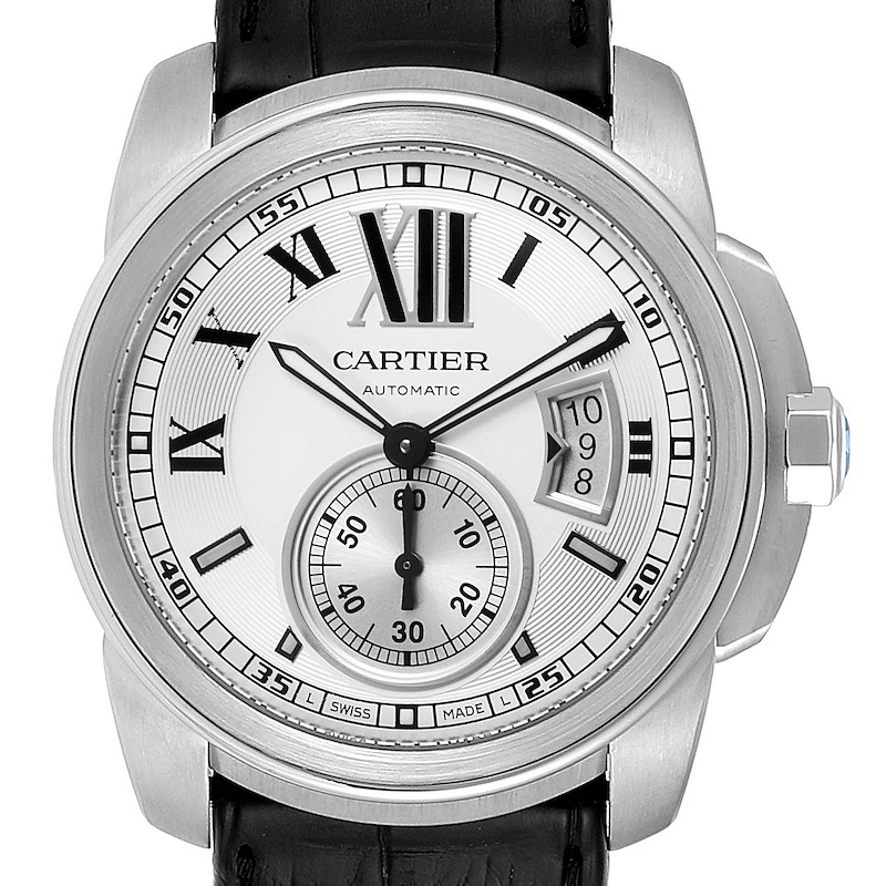 Cartier Calibre Silver Dial Steel Mens Watch W7100037 Box SwissWatchExpo