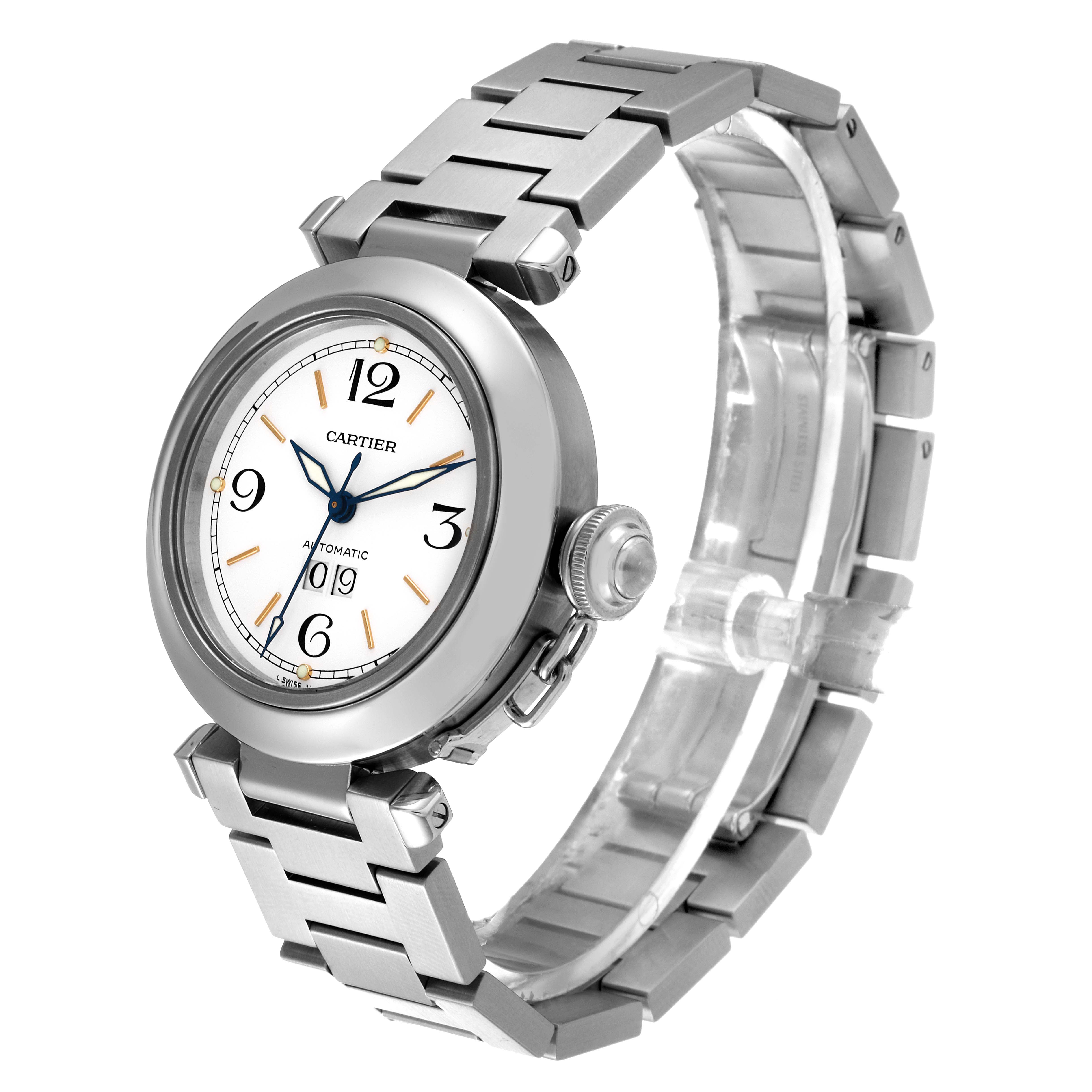 The image shows a Cartier Pasha W31044M7 Men's Stainless Steel White Dial W31044M7 Men's Stainless Steel White Dial watch with a metal bracelet, captured at an angle highlighting the dial and side profile.