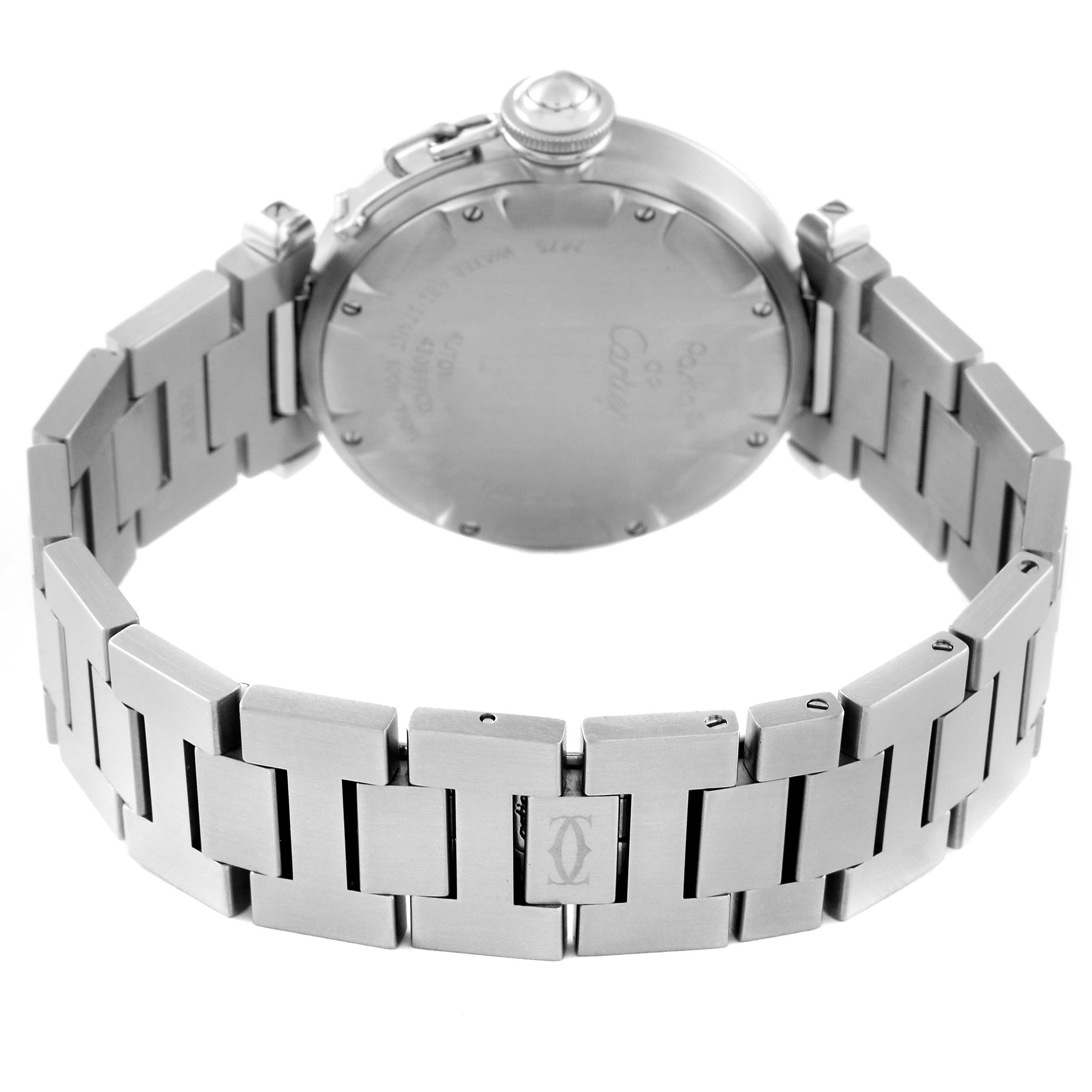The image shows the back case and stainless steel bracelet of a Cartier Pasha W31044M7 Men's Stainless Steel White Dial W31044M7 Men's Stainless Steel White Dial watch.