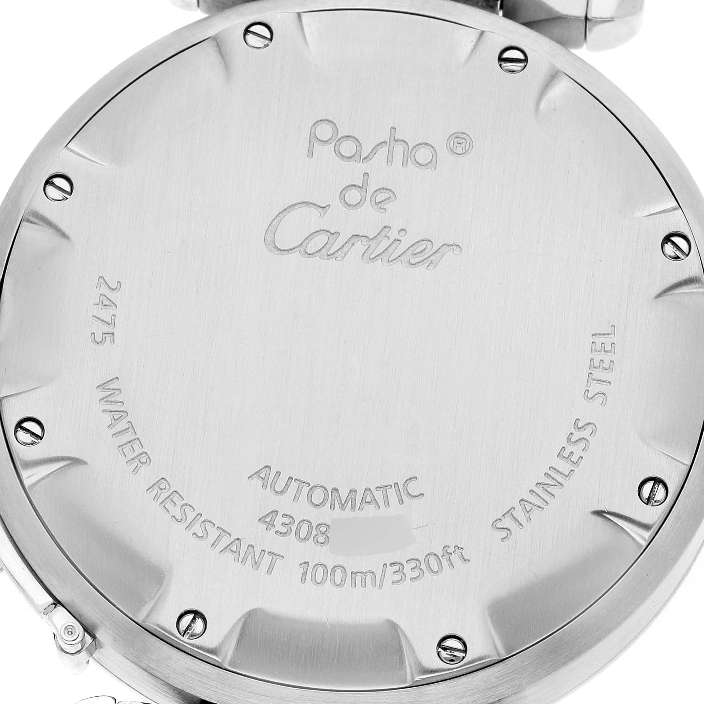 This image shows the back case of a Pasha de Cartier watch, highlighting its water resistance and stainless steel material.