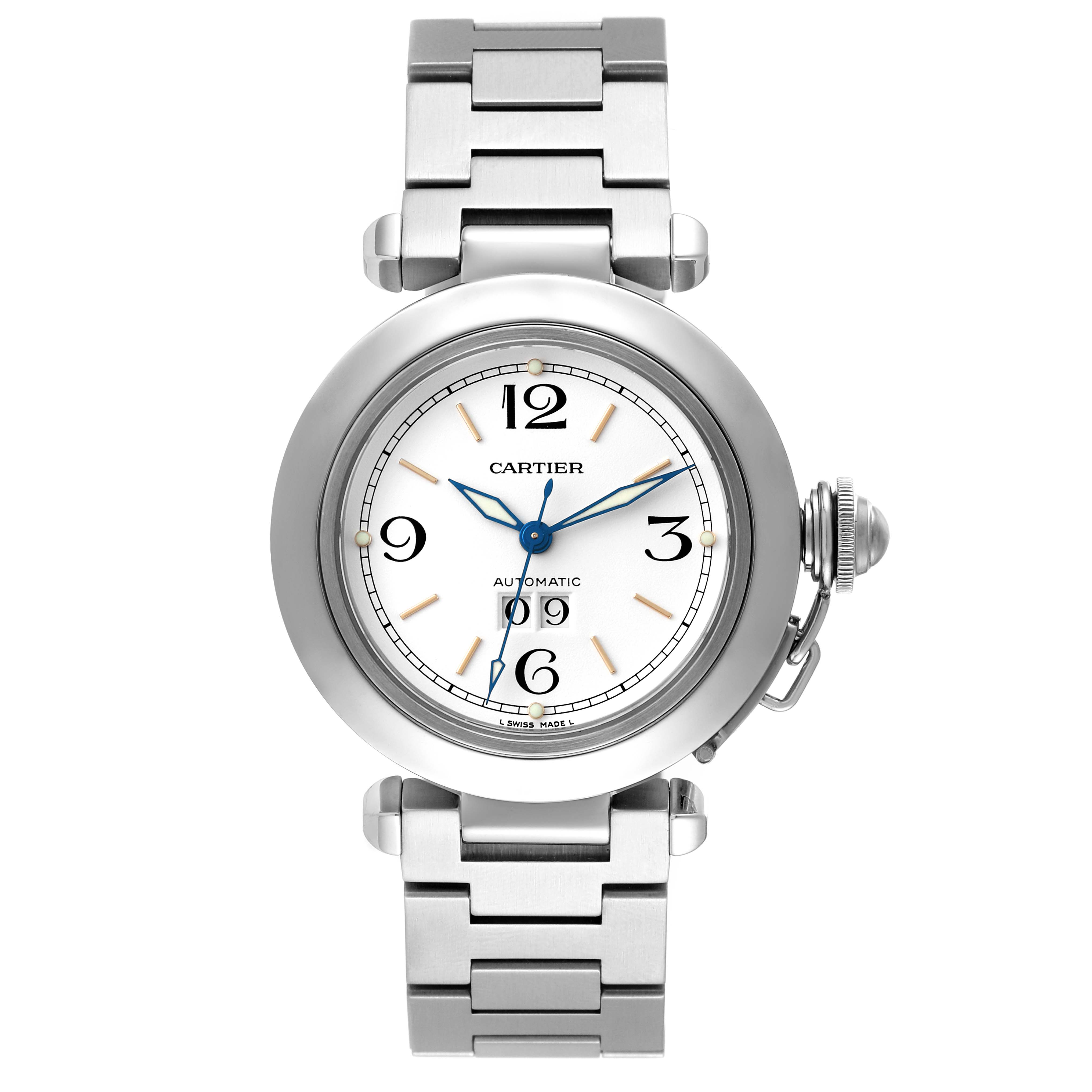The image shows a front view of the Cartier Pasha W31044M7 Men's Stainless Steel White Dial W31044M7 Men's Stainless Steel White Dial watch, showcasing its round dial, stainless steel bracelet, and crown.