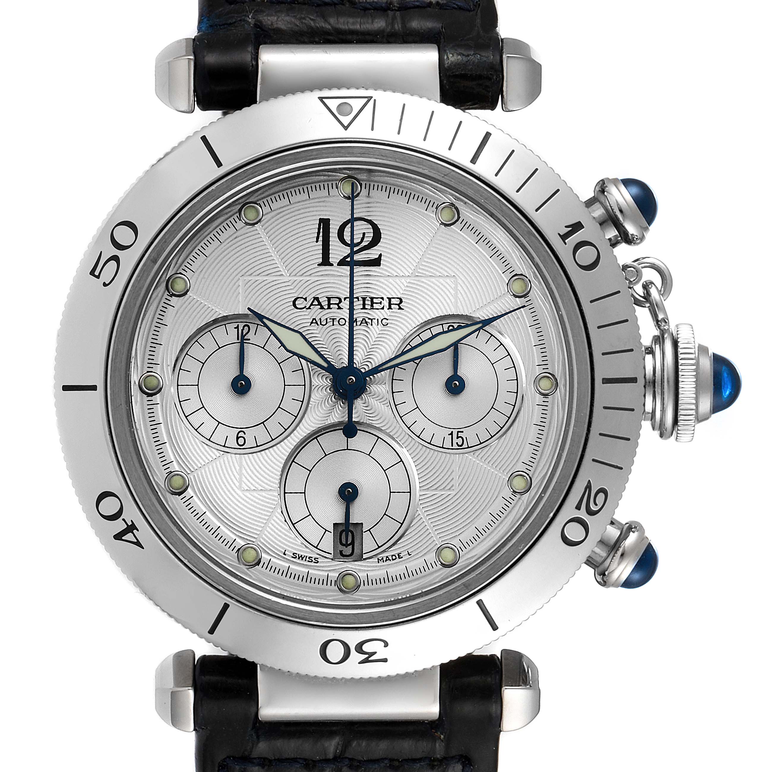 The Cartier Pasha W3103055 Men's Stainless Steel Silver Dial W3103055 Men's Stainless Steel Silver Dial watch is shown from a front angle, displaying its dial, bezel, and chronograph subdials.