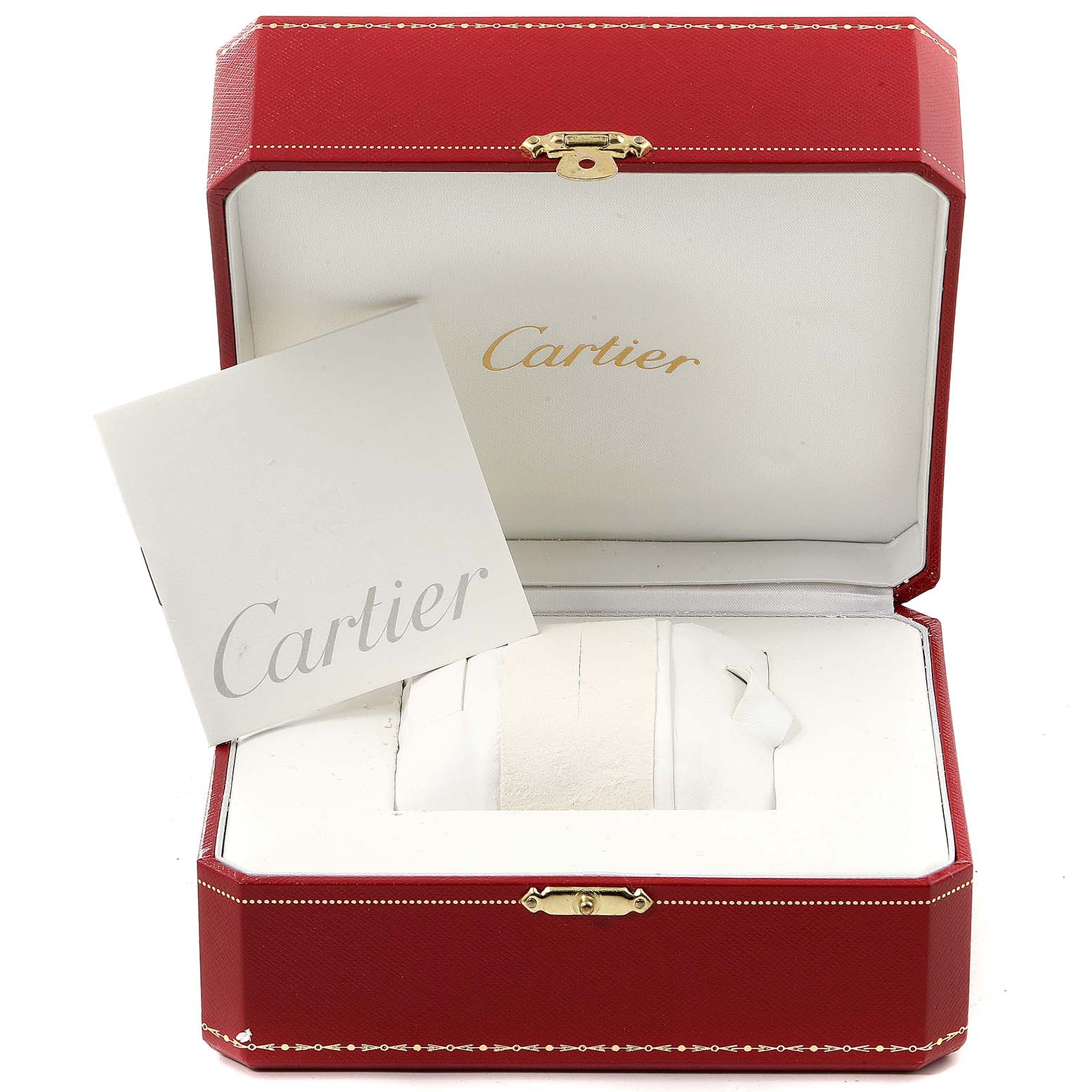 The image shows an open Cartier box for the Pasha model watch, revealing a booklet and a cushioned interior.