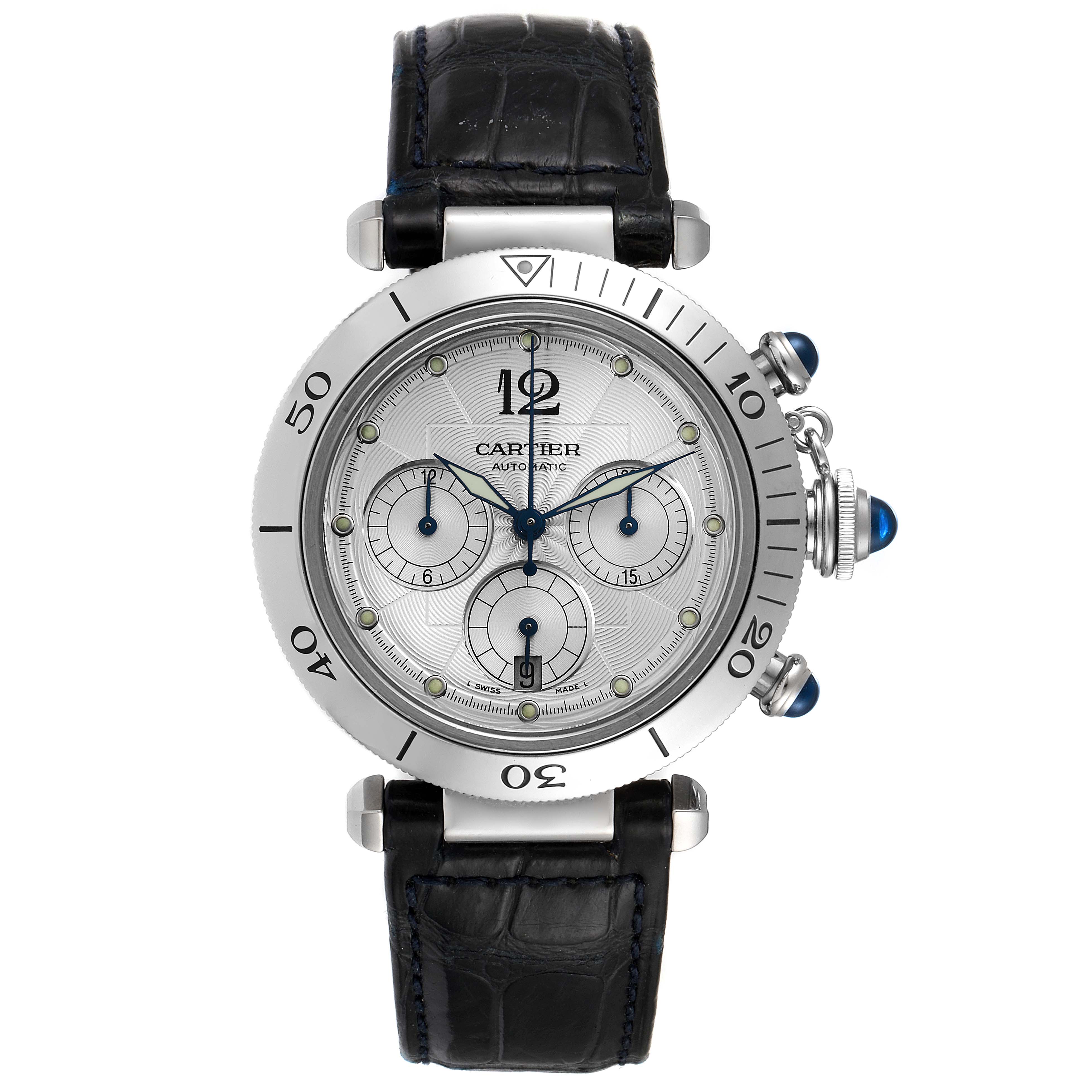 The Cartier Pasha W3103055 Men's Stainless Steel Silver Dial W3103055 Men's Stainless Steel Silver Dial watch is shown from a front angle, displaying the face, bezel, and black leather strap.
