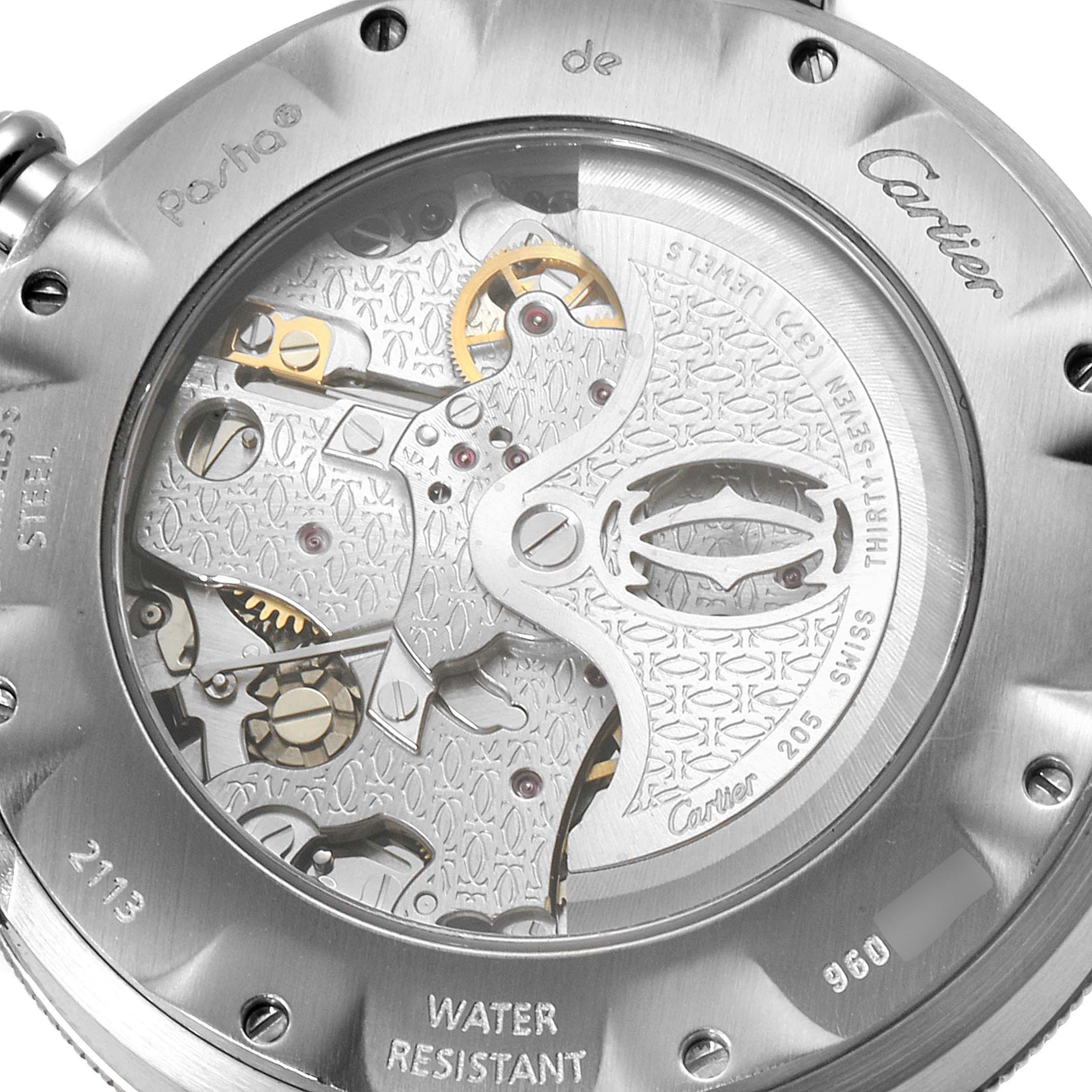 This image shows the backside of a Cartier Pasha W3103055 Men's Stainless Steel Silver Dial W3103055 Men's Stainless Steel Silver Dial watch, revealing its intricate internal mechanical movement.