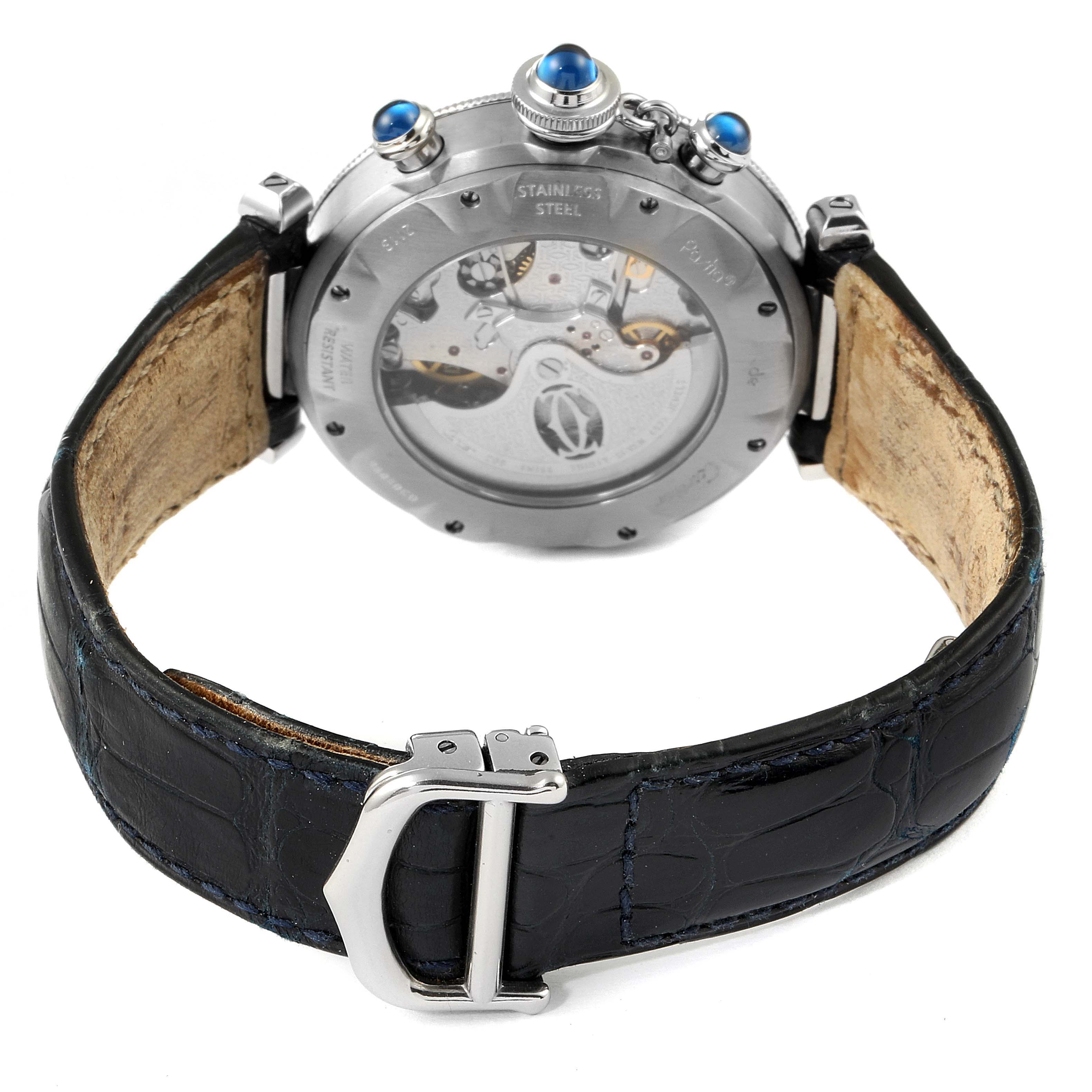 This image shows the back view of a Cartier Pasha W3103055 Men's Stainless Steel Silver Dial W3103055 Men's Stainless Steel Silver Dial watch, focusing on the case back, mechanism, and leather strap with buckle.