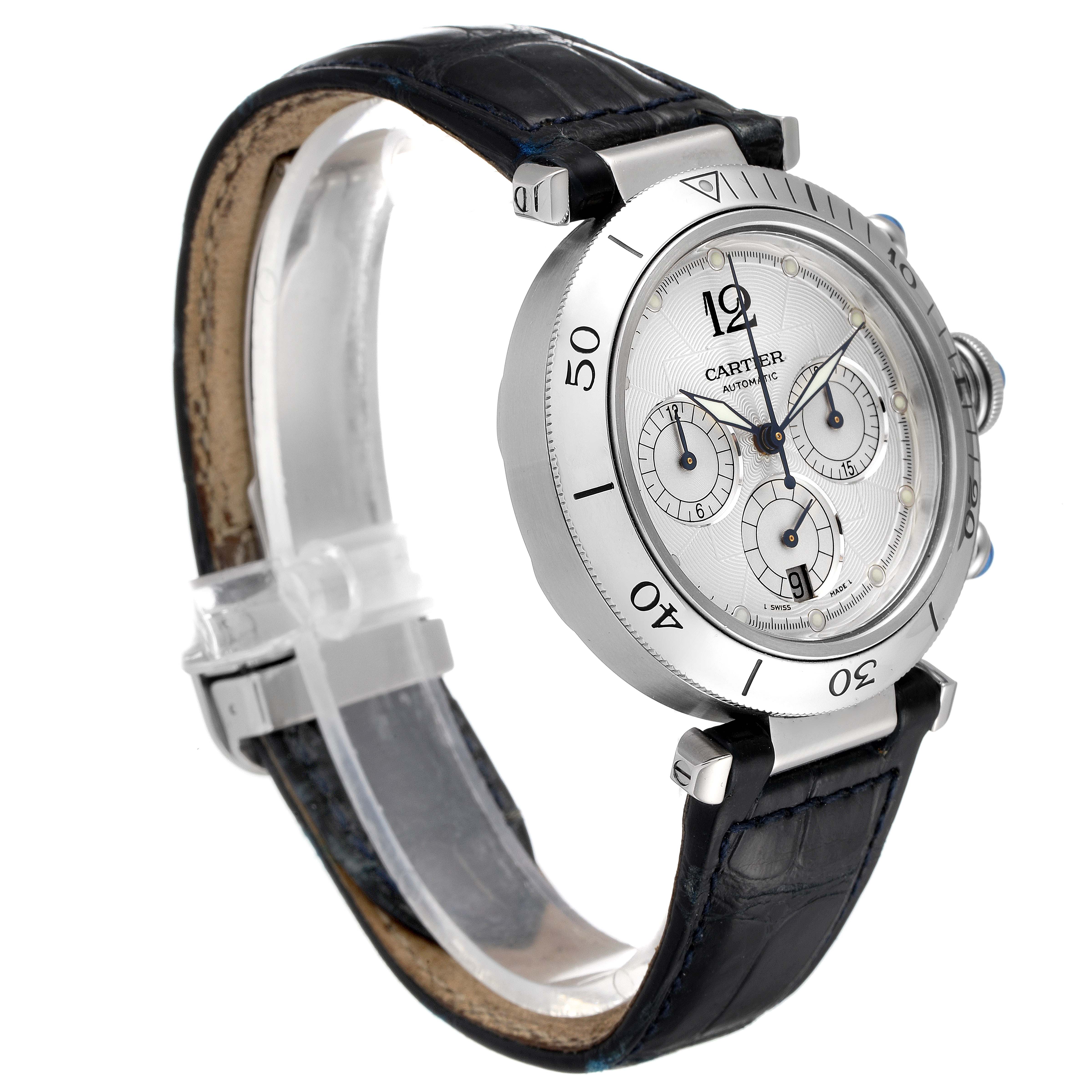 The image shows a Cartier Pasha W3103055 Men's Stainless Steel Silver Dial W3103055 Men's Stainless Steel Silver Dial watch at a three-quarter angle, highlighting the watch face, bezel, crown, and leather strap.