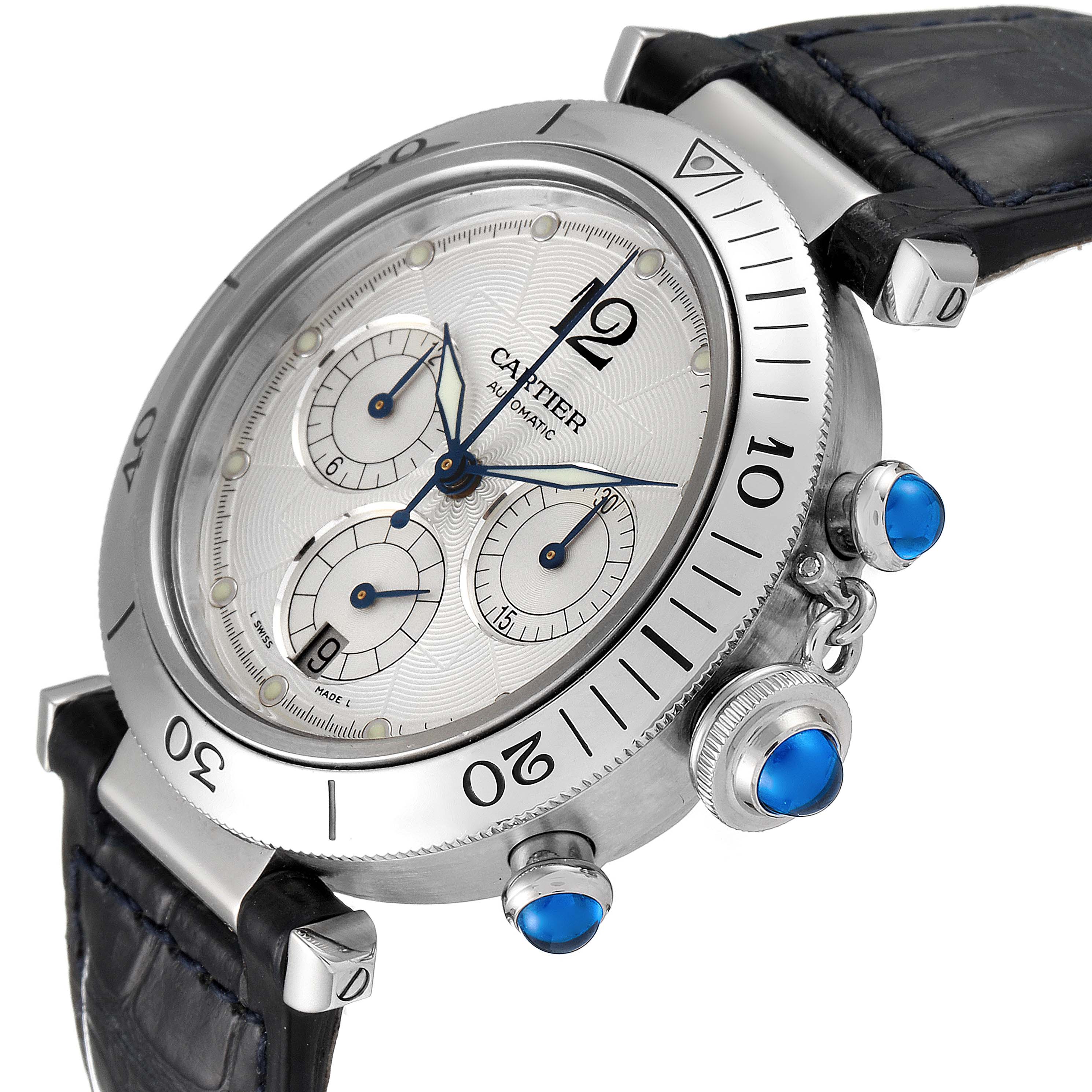 The image shows a Cartier Pasha W3103055 Men's Stainless Steel Silver Dial W3103055 Men's Stainless Steel Silver Dial model watch at an angle highlighting its face, bezel, crown, and chronograph buttons with blue accents.