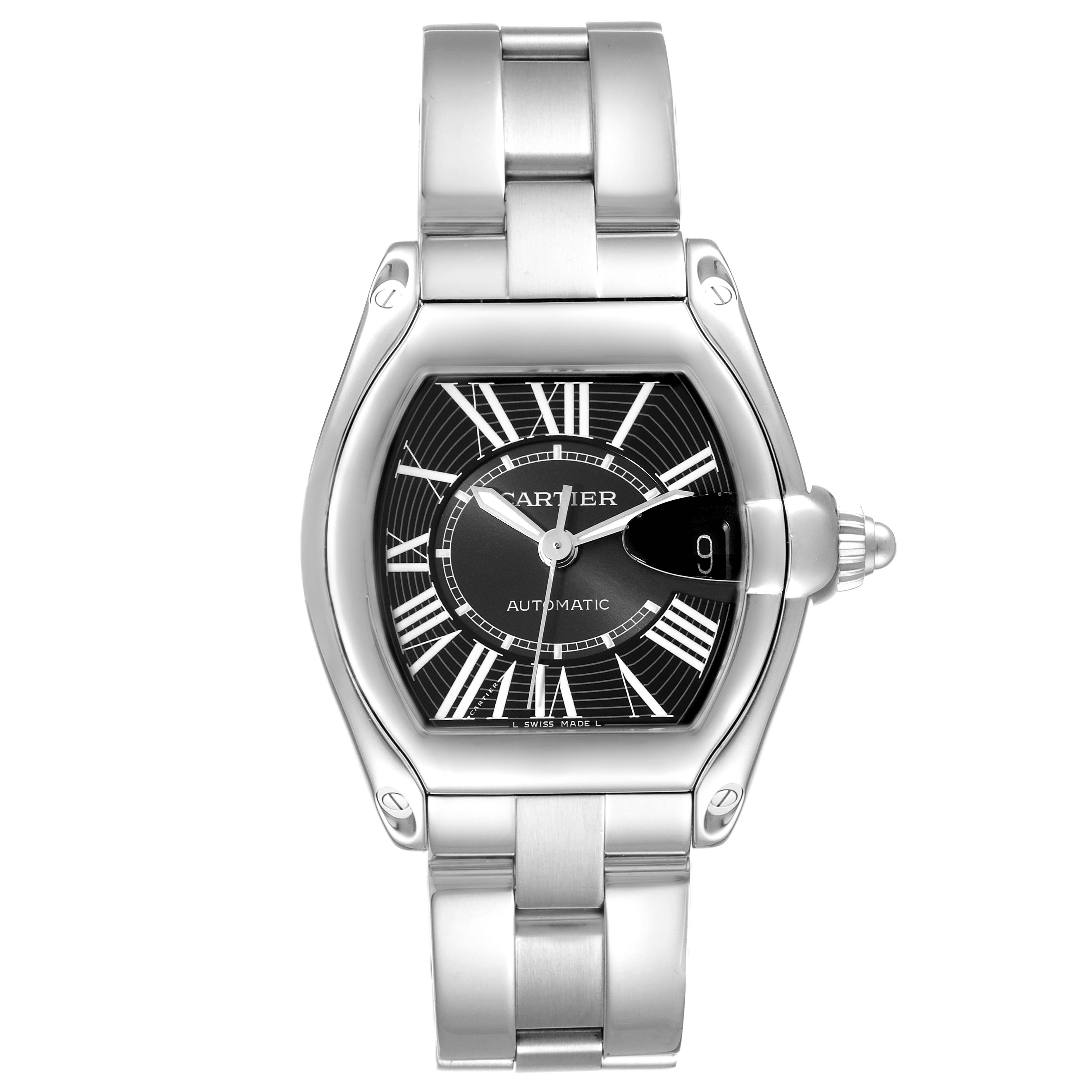 The Cartier Roadster W62041V3 Men's Stainless Steel Black Dial W62041V3 Men's Stainless Steel Black Dial watch is shown from a top-down angle, displaying its face, case, and bracelet with a polished finish.