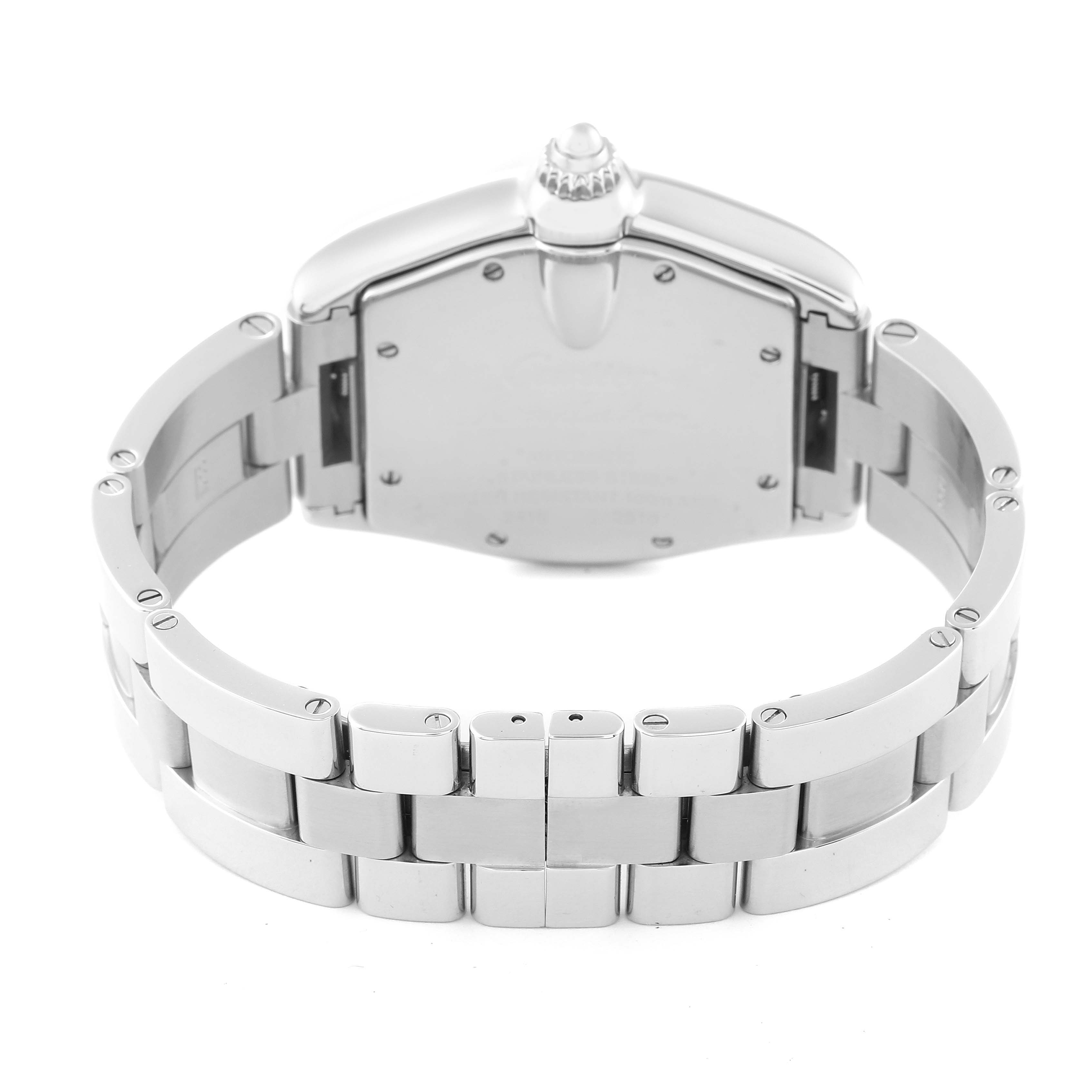 The image shows the back view of the Cartier Roadster W62041V3 Men's Stainless Steel Black Dial W62041V3 Men's Stainless Steel Black Dial watch, highlighting the clasp and bracelet.