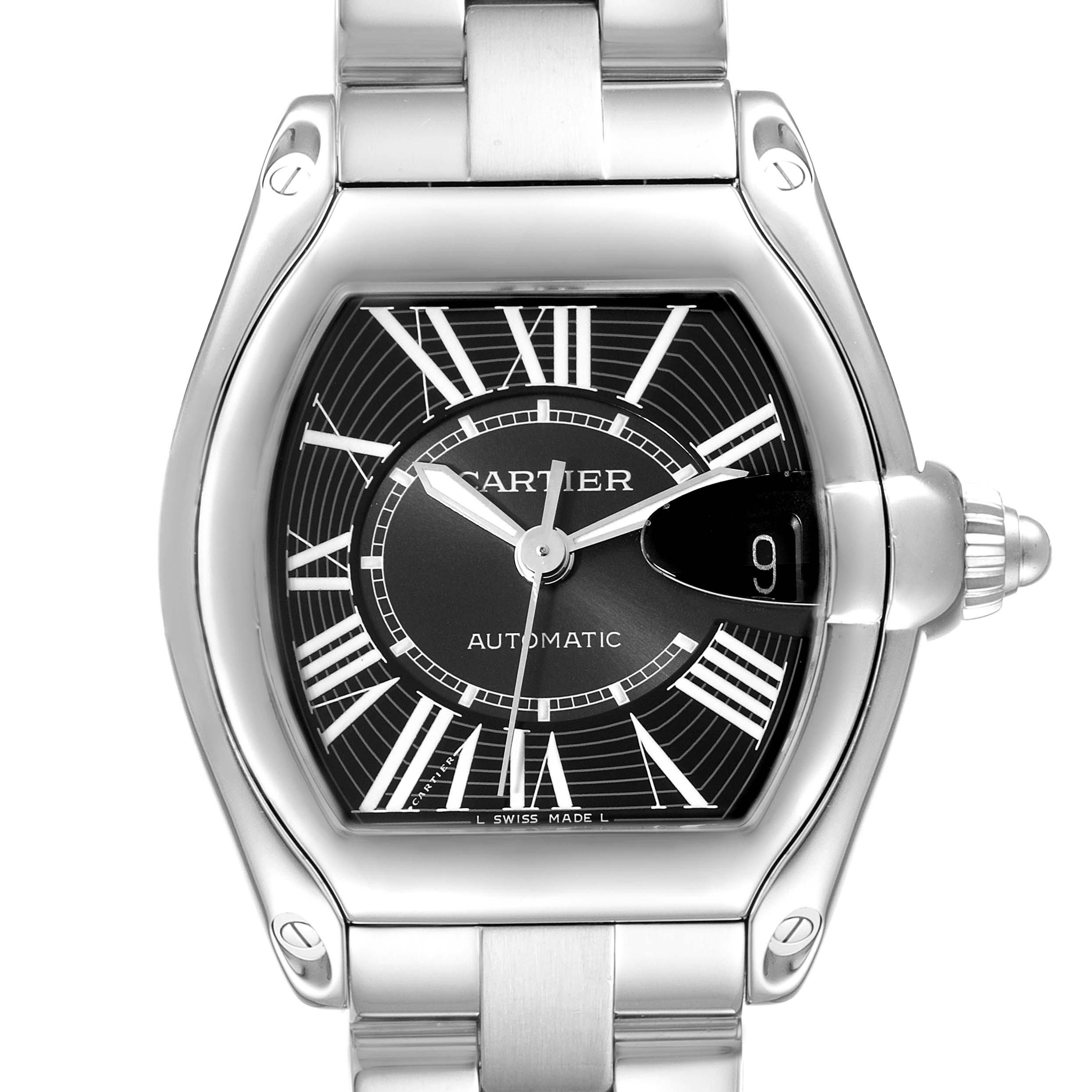 This image shows a front view of the Cartier Roadster W62041V3 Men's Stainless Steel Black Dial W62041V3 Men's Stainless Steel Black Dial watch, highlighting its face, bezel, and part of its bracelet.