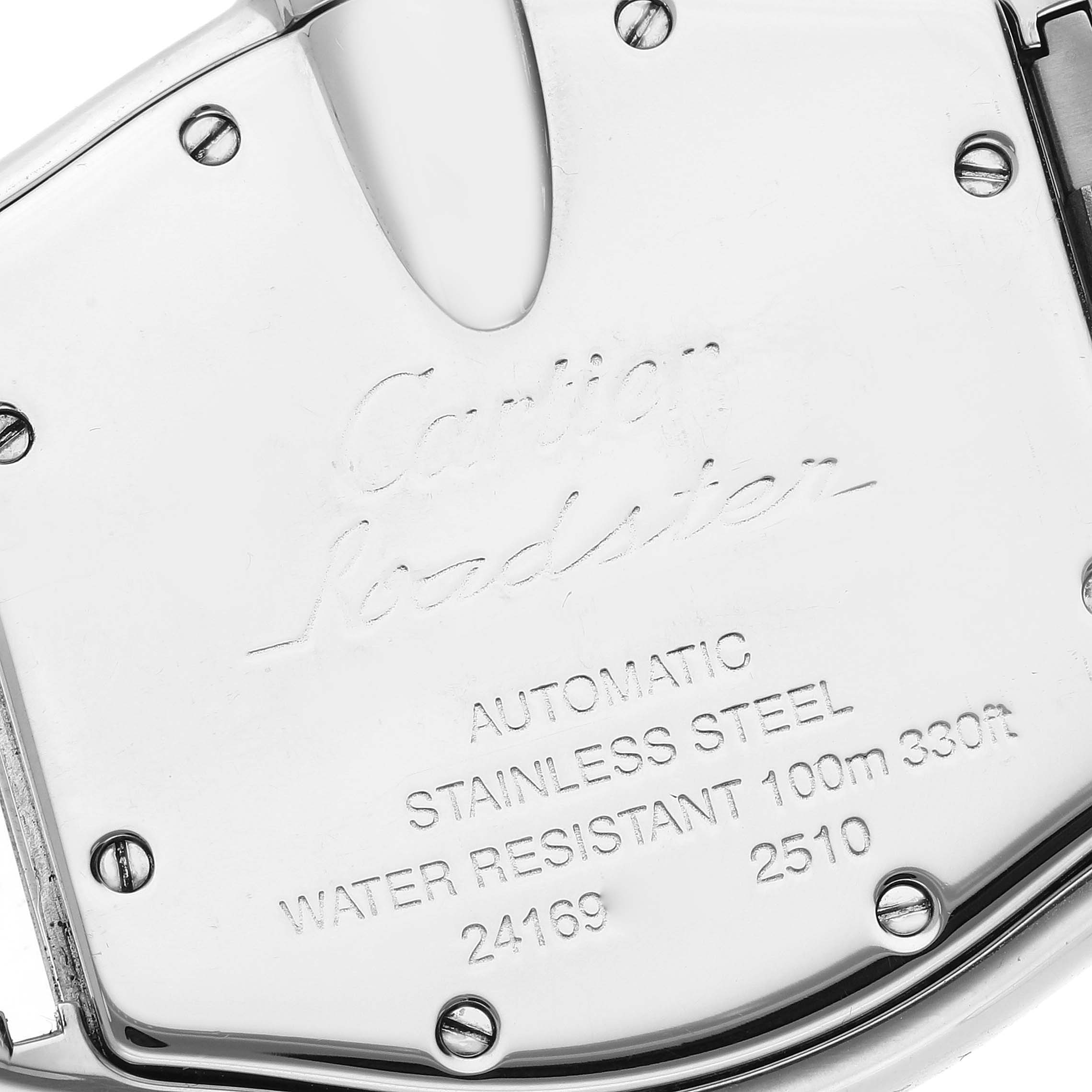The image shows the back of a Cartier Roadster W62041V3 Men's Stainless Steel Black Dial W62041V3 Men's Stainless Steel Black Dial watch, detailing its material, water resistance, and model numbers.