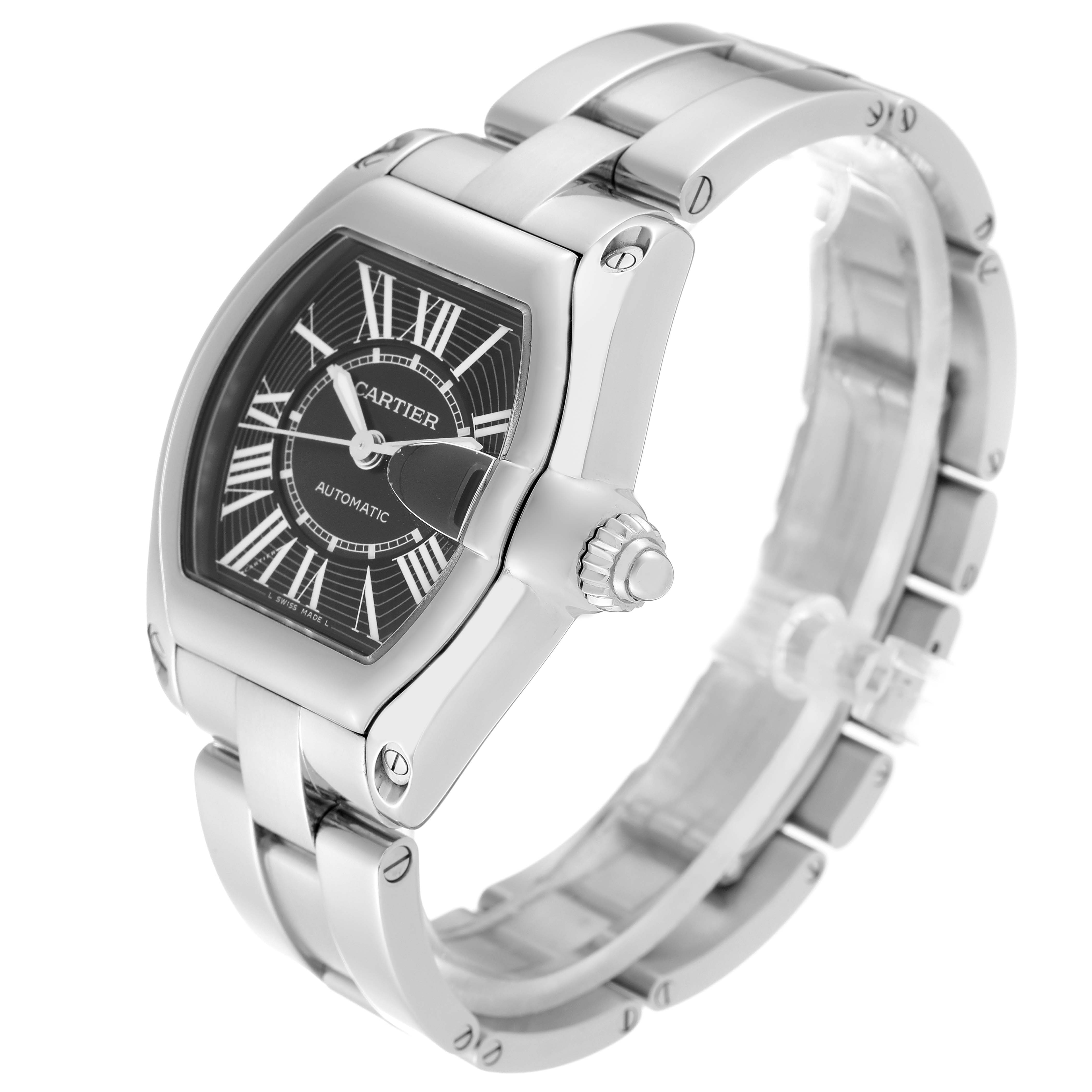 This Cartier Roadster W62041V3 Men's Stainless Steel Black Dial W62041V3 Men's Stainless Steel Black Dial model watch is displayed at a three-quarter angle, showing its face, bezel, and metal bracelet.