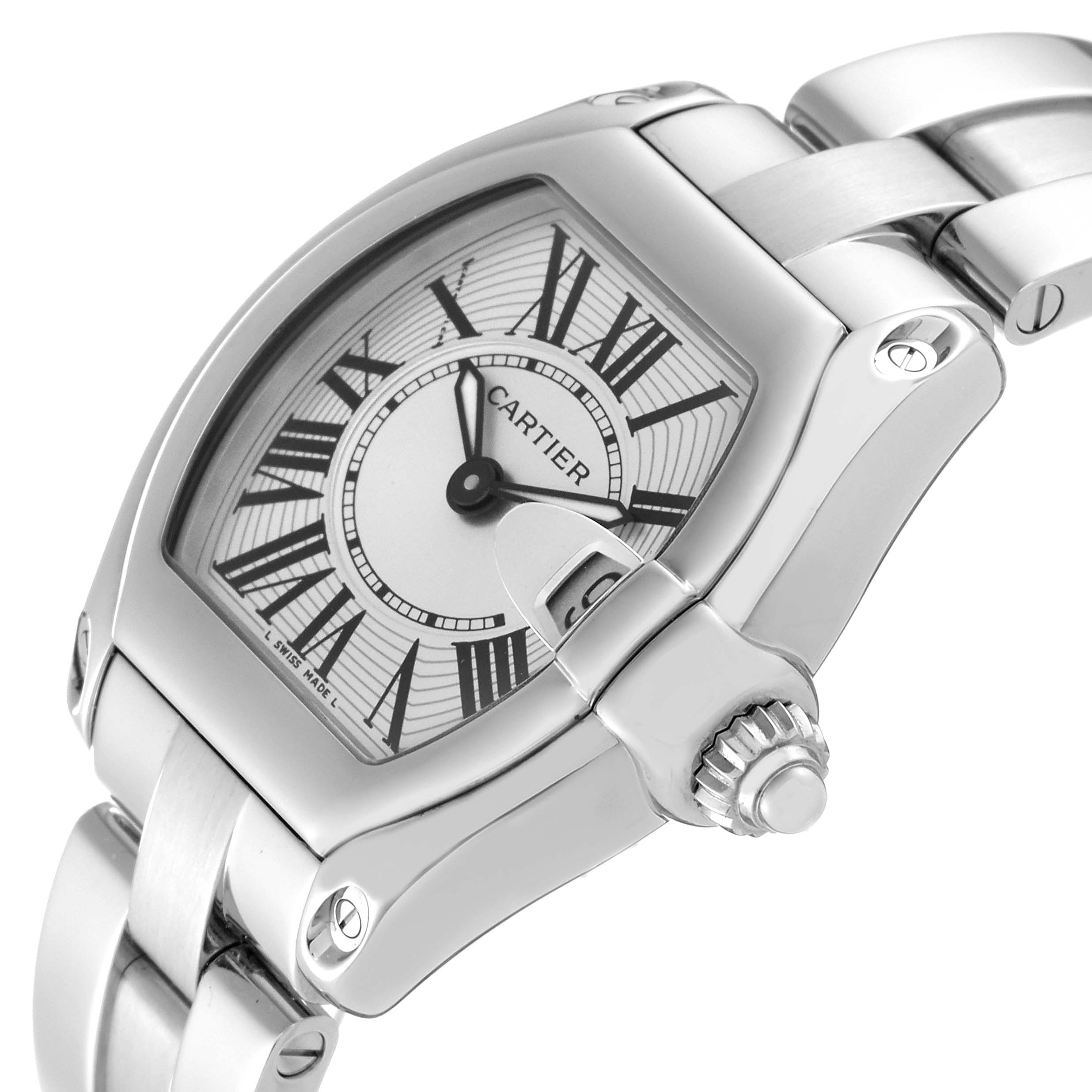 The image shows a close-up angle of a Cartier Roadster W62016V3 Women
s Stainless Steel Silver Dial W62016V3 Women
s Stainless Steel Silver Dial watch focusing on its face, crown, and part of the bracelet.