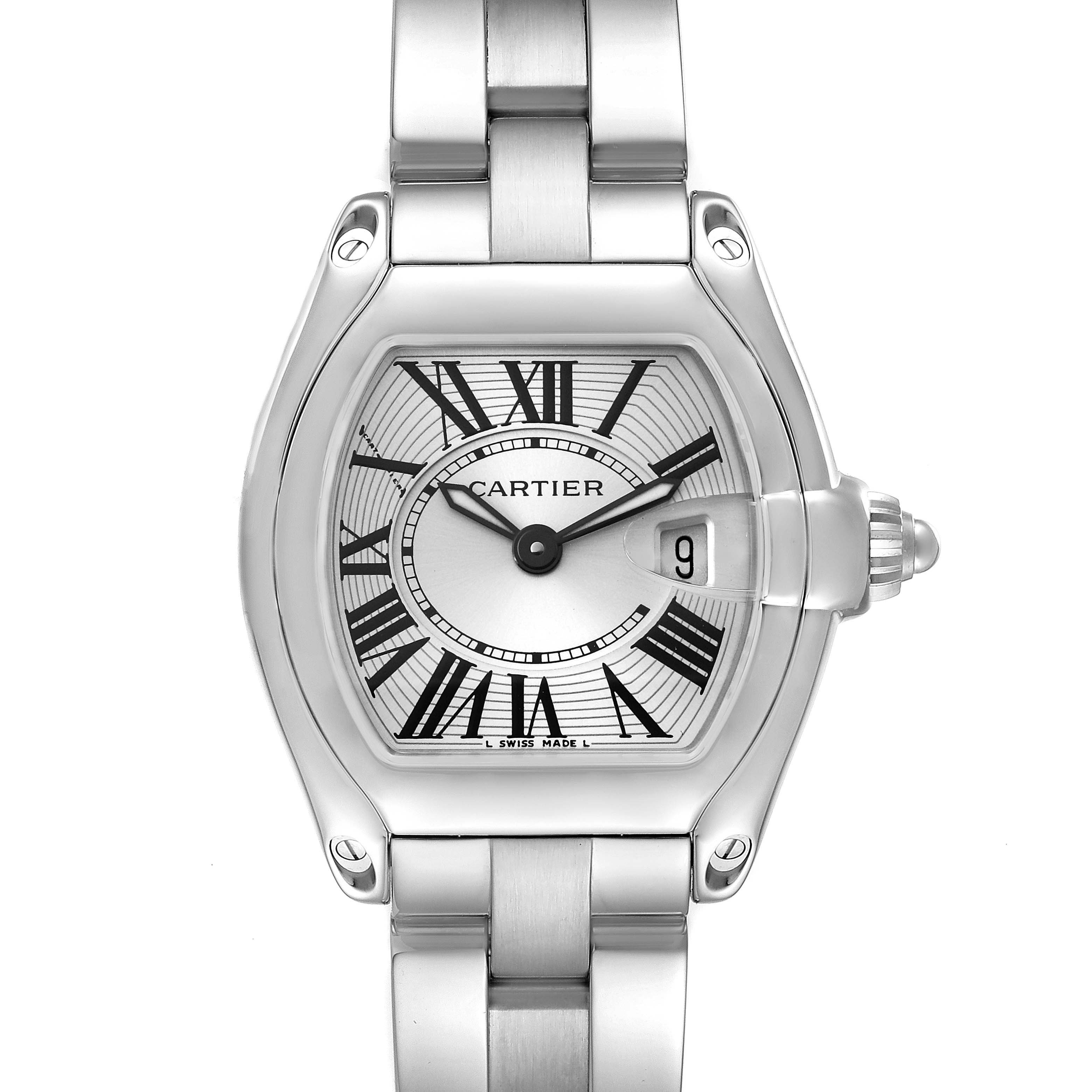 The image shows a front view of a Cartier Roadster W62016V3 Women
s Stainless Steel Silver Dial W62016V3 Women
s Stainless Steel Silver Dial watch, highlighting its face, bracelet, and crown.