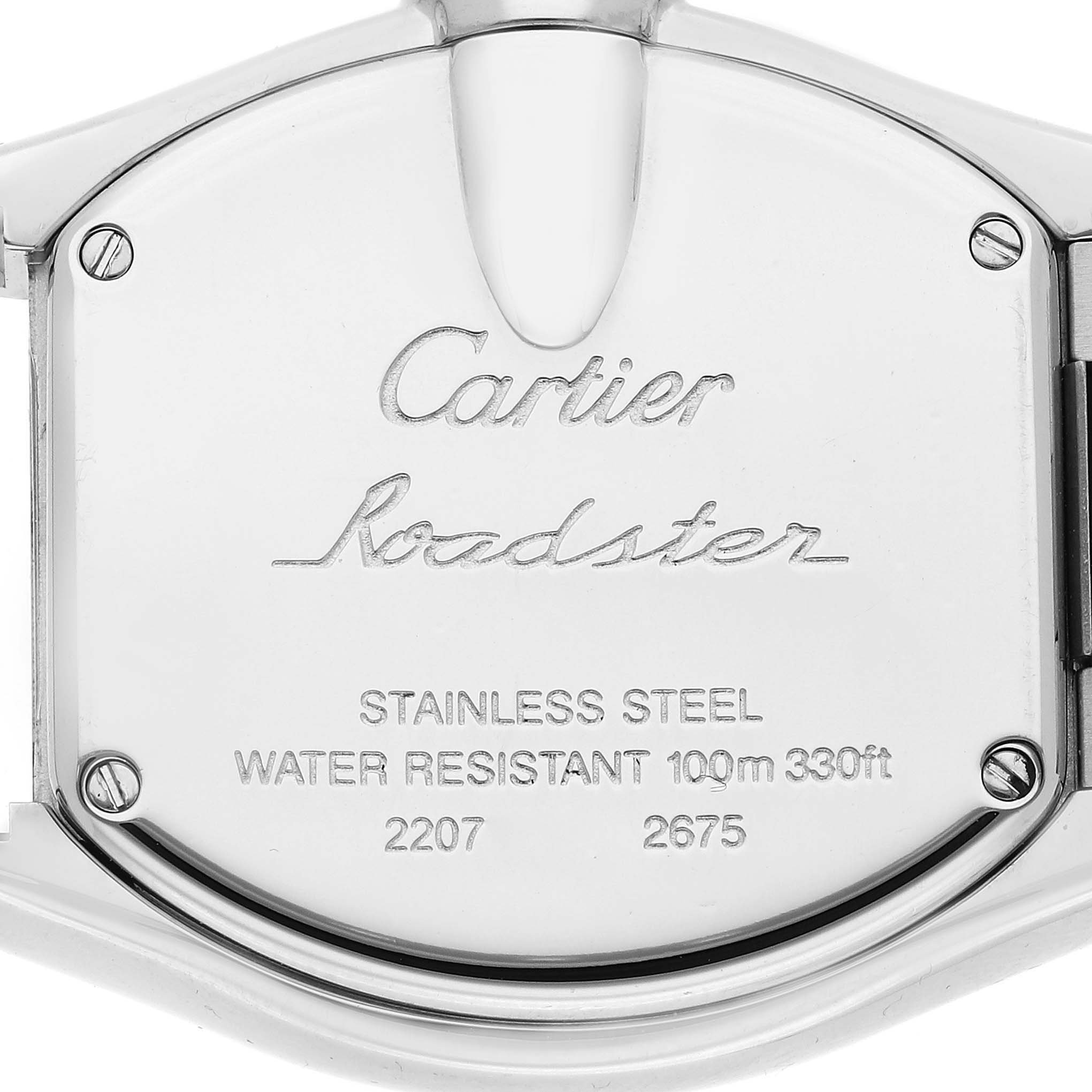 The image shows the stainless steel case back of a Cartier Roadster W62016V3 Women
s Stainless Steel Silver Dial W62016V3 Women
s Stainless Steel Silver Dial watch, detailing water resistance and model numbers.