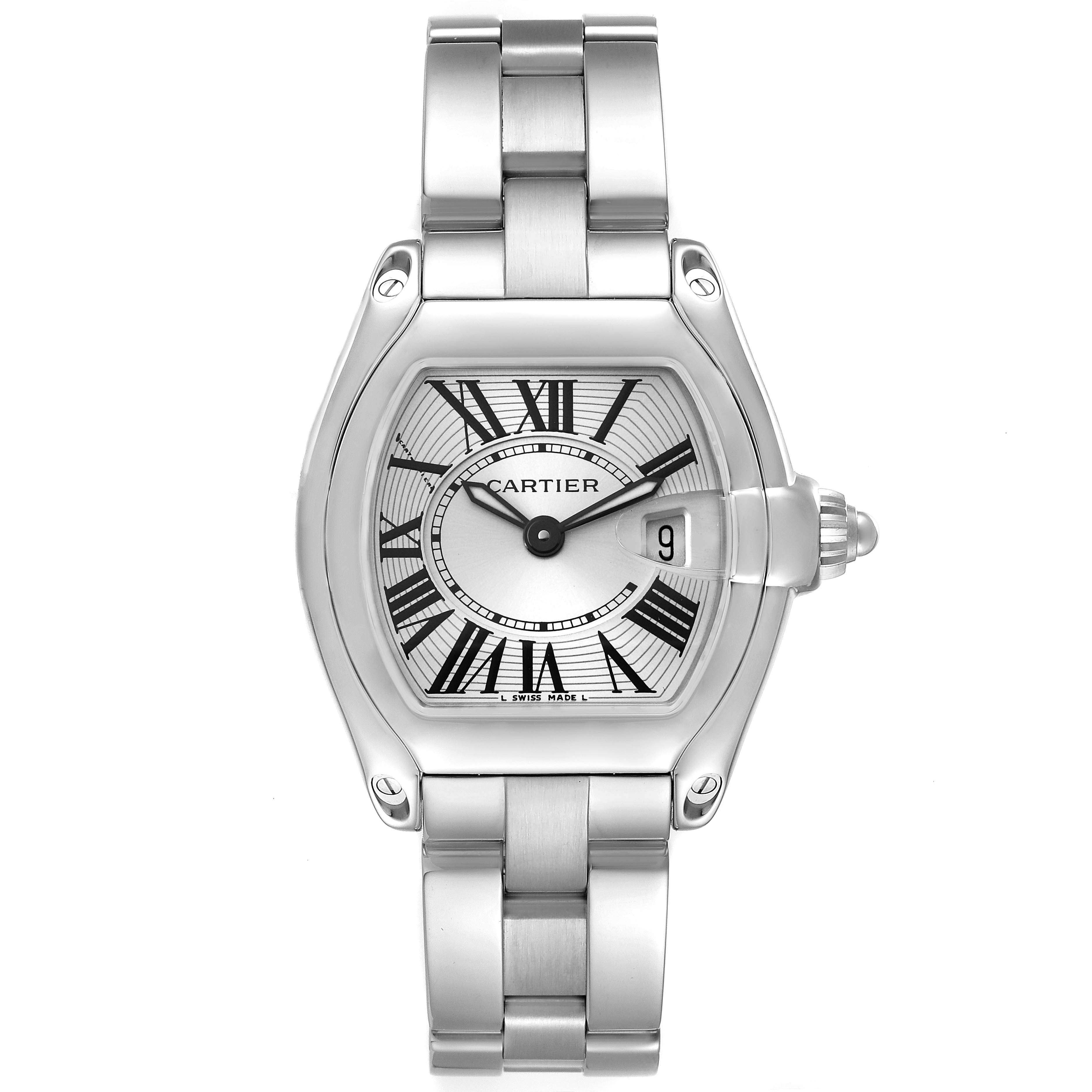 This image shows a front view of the Cartier Roadster W62016V3 Women
s Stainless Steel Silver Dial W62016V3 Women
s Stainless Steel Silver Dial watch, highlighting the face, bracelet, and crown.