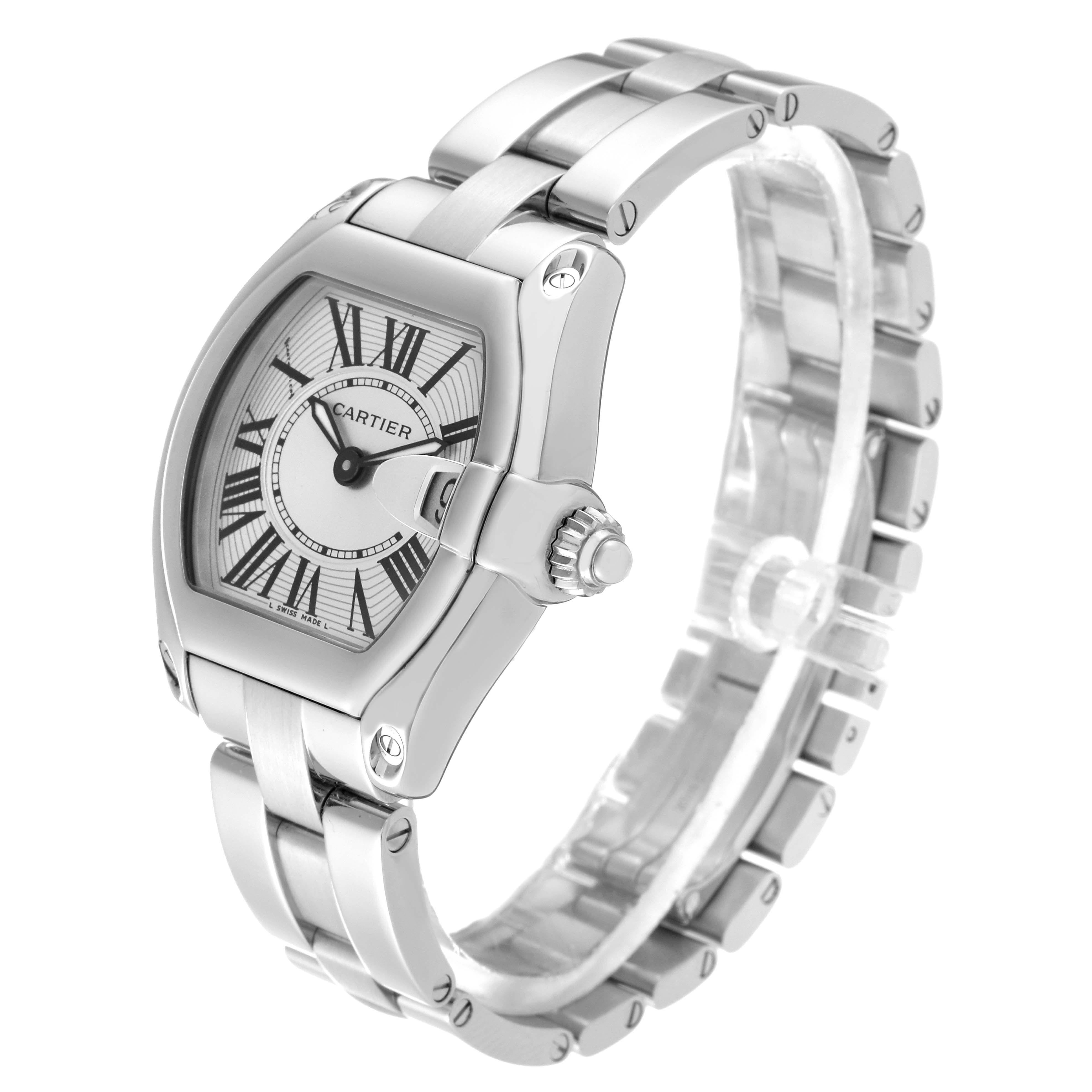 This image shows a Cartier Roadster W62016V3 Women
s Stainless Steel Silver Dial W62016V3 Women
s Stainless Steel Silver Dial watch at a slight angle, highlighting its face, crown, and metal band.