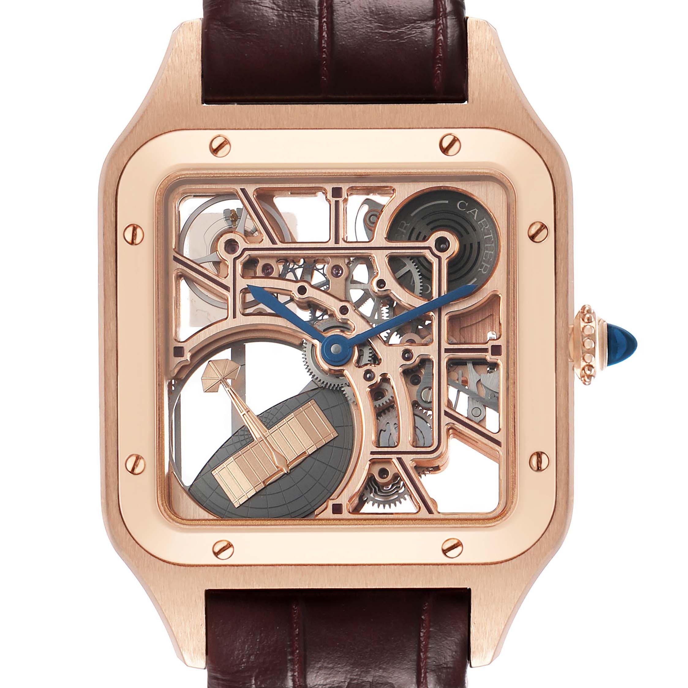 The Cartier Santos Dumont WHSA0030 Men's Rose Gold Transparent Dial watch is shown from the front, highlighting its skeletonized dial and visible movement.