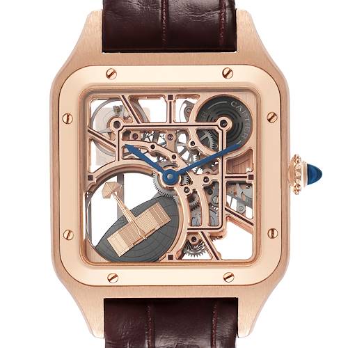 The Cartier Santos Dumont WHSA0030 Men's Rose Gold Transparent Dial watch is shown from the front, highlighting its skeleton dial and intricate mechanisms.