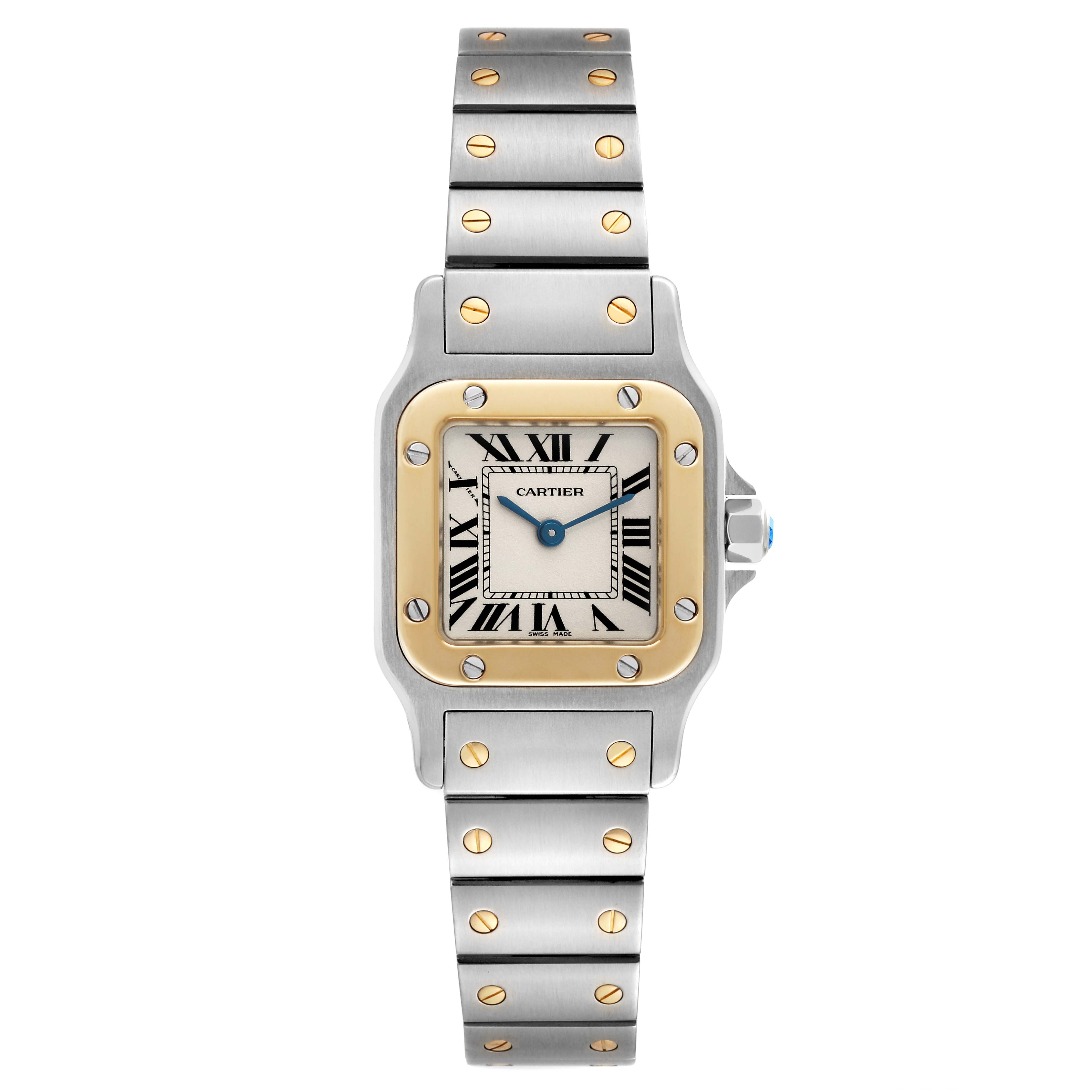 The image shows a frontal view of a Santos model by Cartier, featuring the watch's face, bezel, and strap.