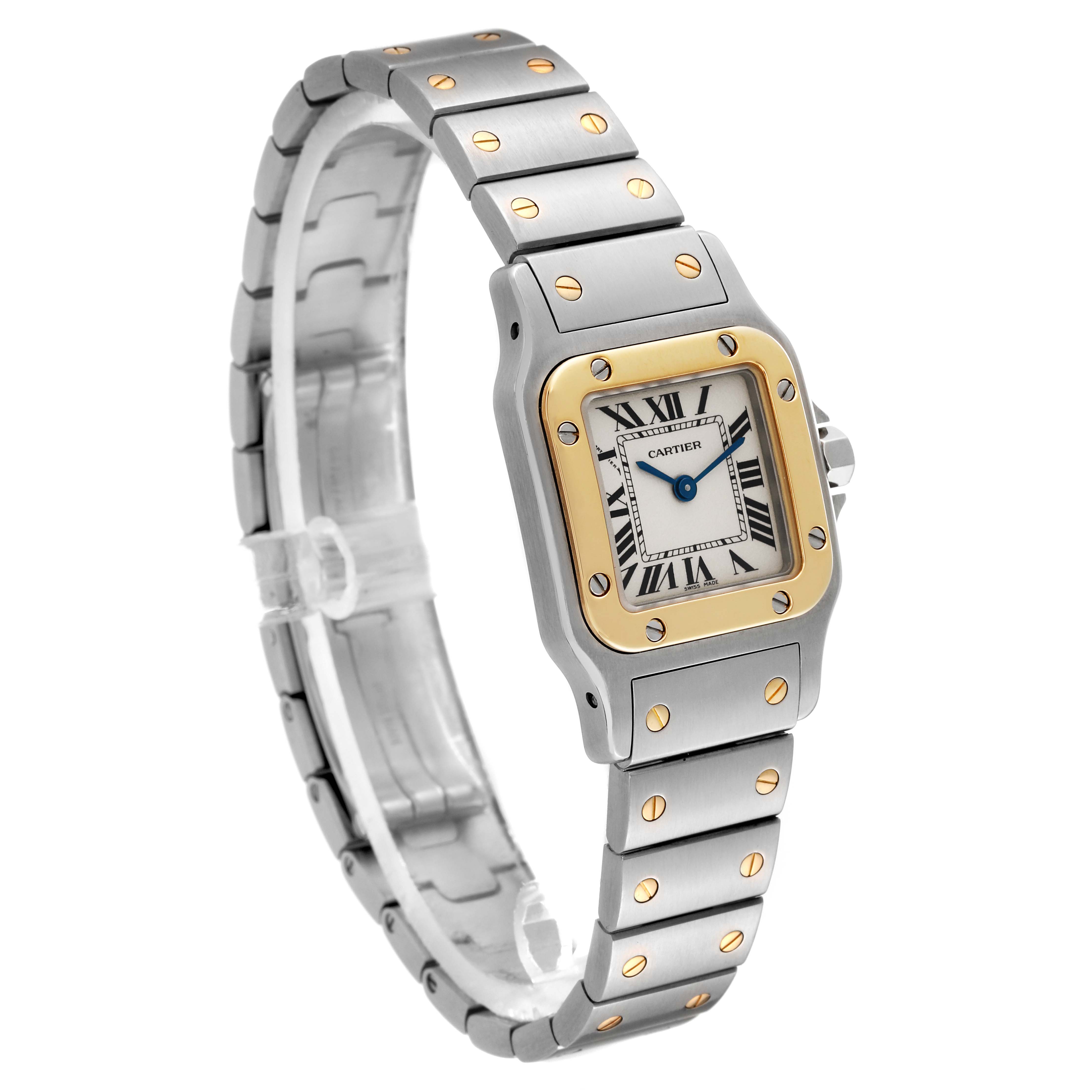 The image shows a Cartier Santos W20012C4 Women's Steel and Gold (two tone) Silver Dial W20012C4 Women's Steel and Gold (two tone) Silver Dial watch at a slight angle, highlighting the square face, two-tone bezel, and detailed bracelet links.