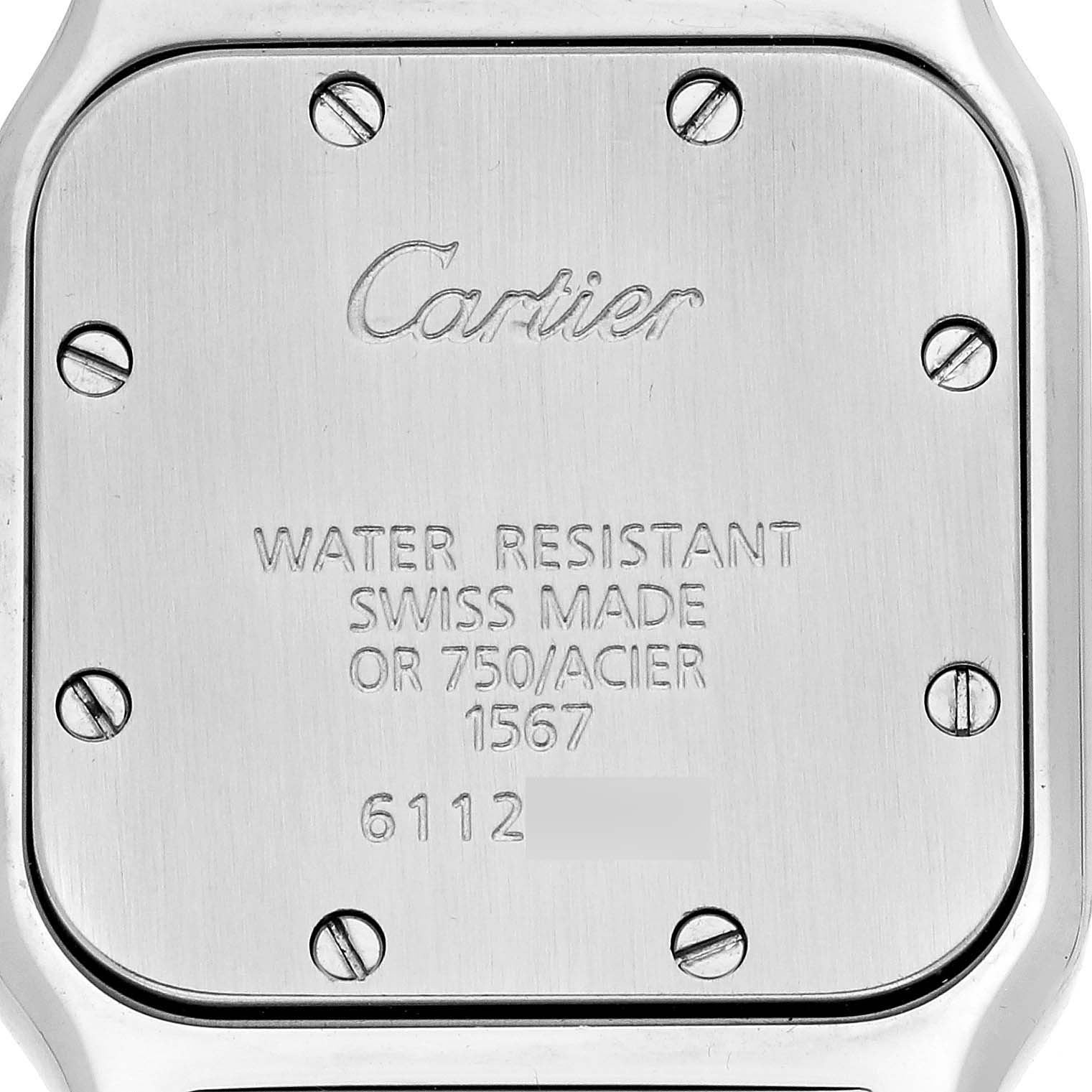 This image shows the back case of a Cartier Santos W20012C4 Women's Steel and Gold (two tone) Silver Dial W20012C4 Women's Steel and Gold (two tone) Silver Dial watch, displaying its screws, brand engraving, and various specifications.