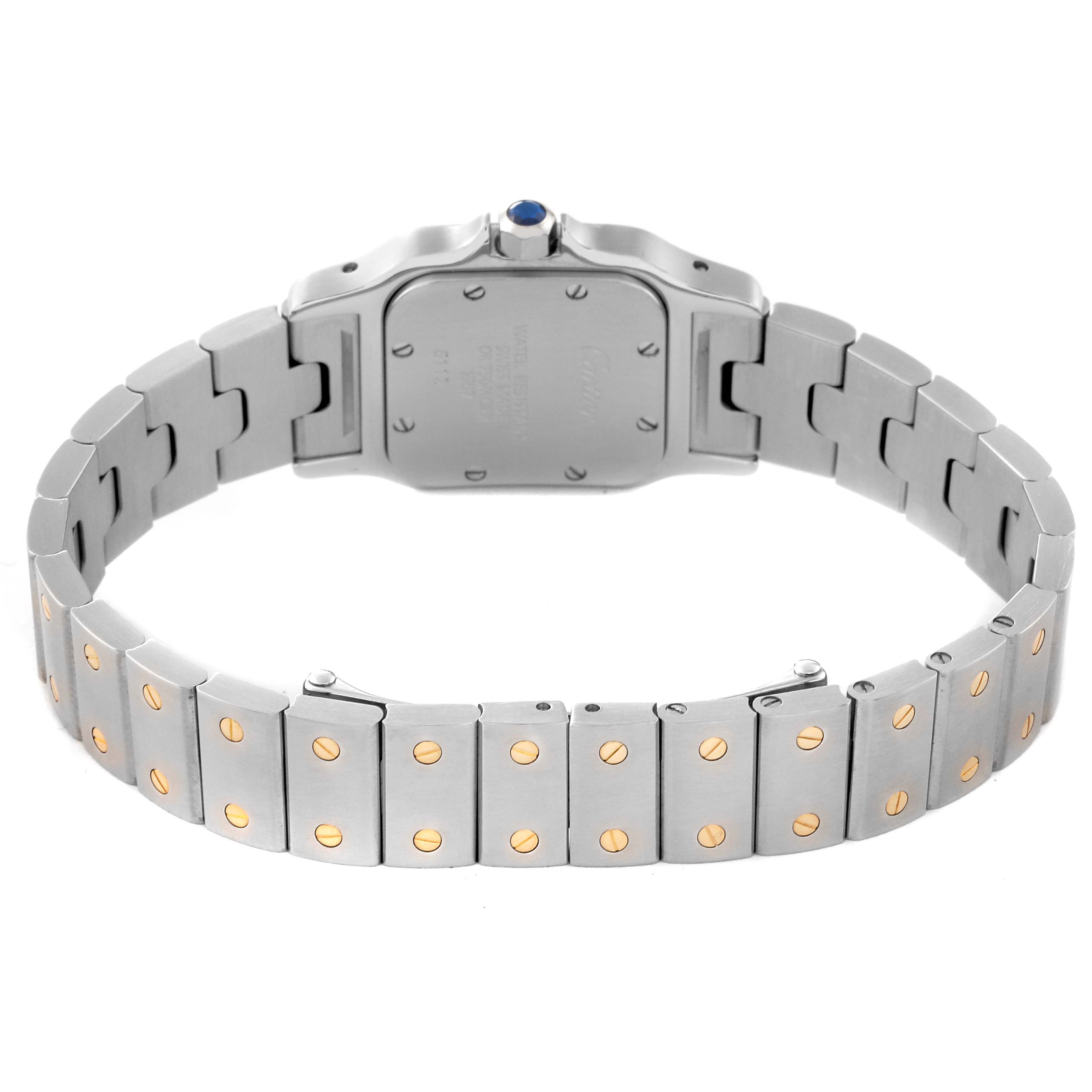 This image shows the back view and bracelet of a Santos model watch by Cartier.