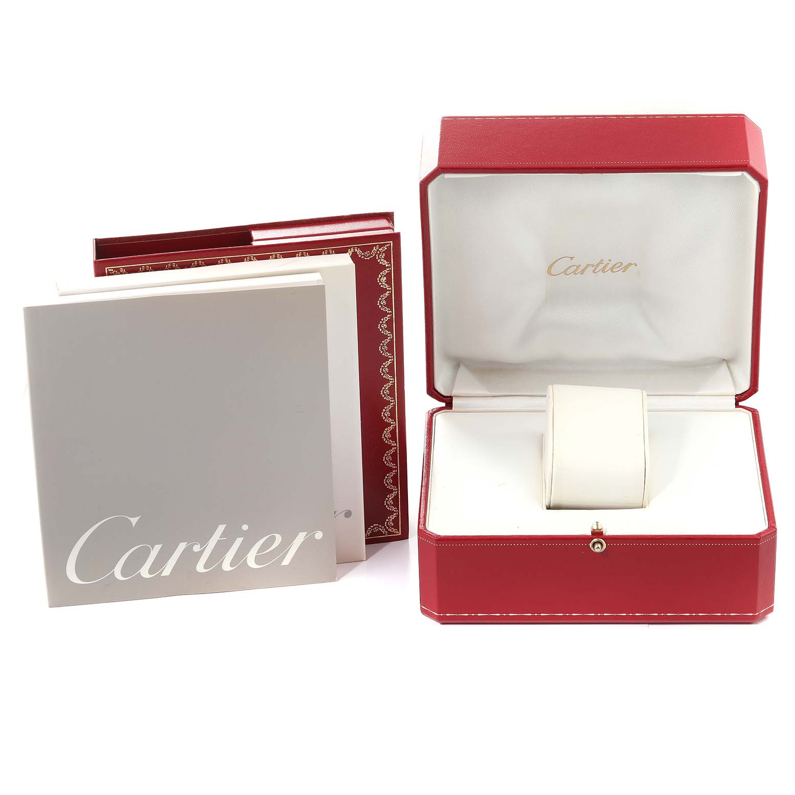 This image shows the red box, cushion, and booklet for a Cartier Santos W20012C4 Women's Steel and Gold (two tone) Silver Dial W20012C4 Women's Steel and Gold (two tone) Silver Dial watch, all viewed from the front.
