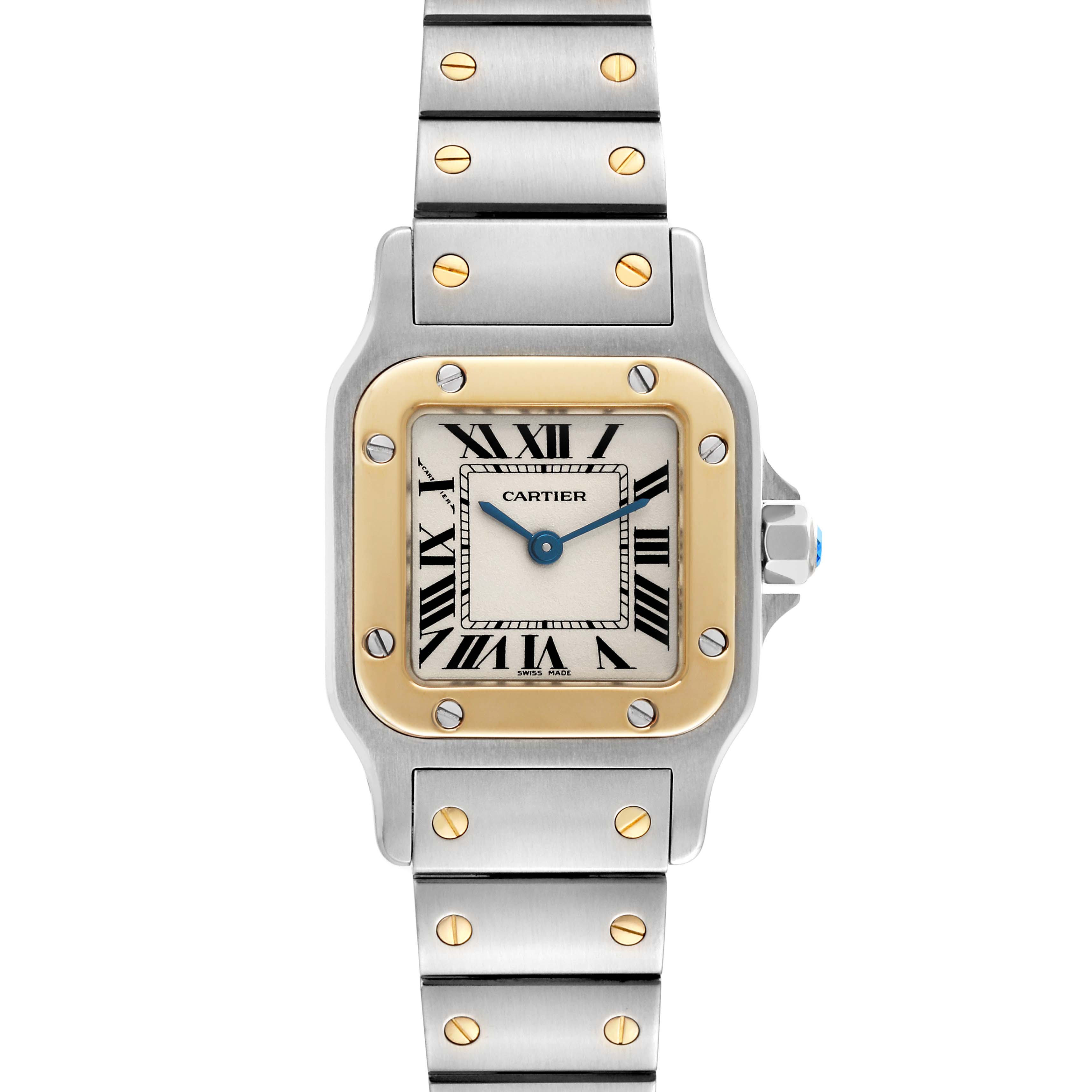The image shows a Cartier Santos W20012C4 Women's Steel and Gold (two tone) Silver Dial W20012C4 Women's Steel and Gold (two tone) Silver Dial model watch from the front, displaying the face, case, and bracelet.