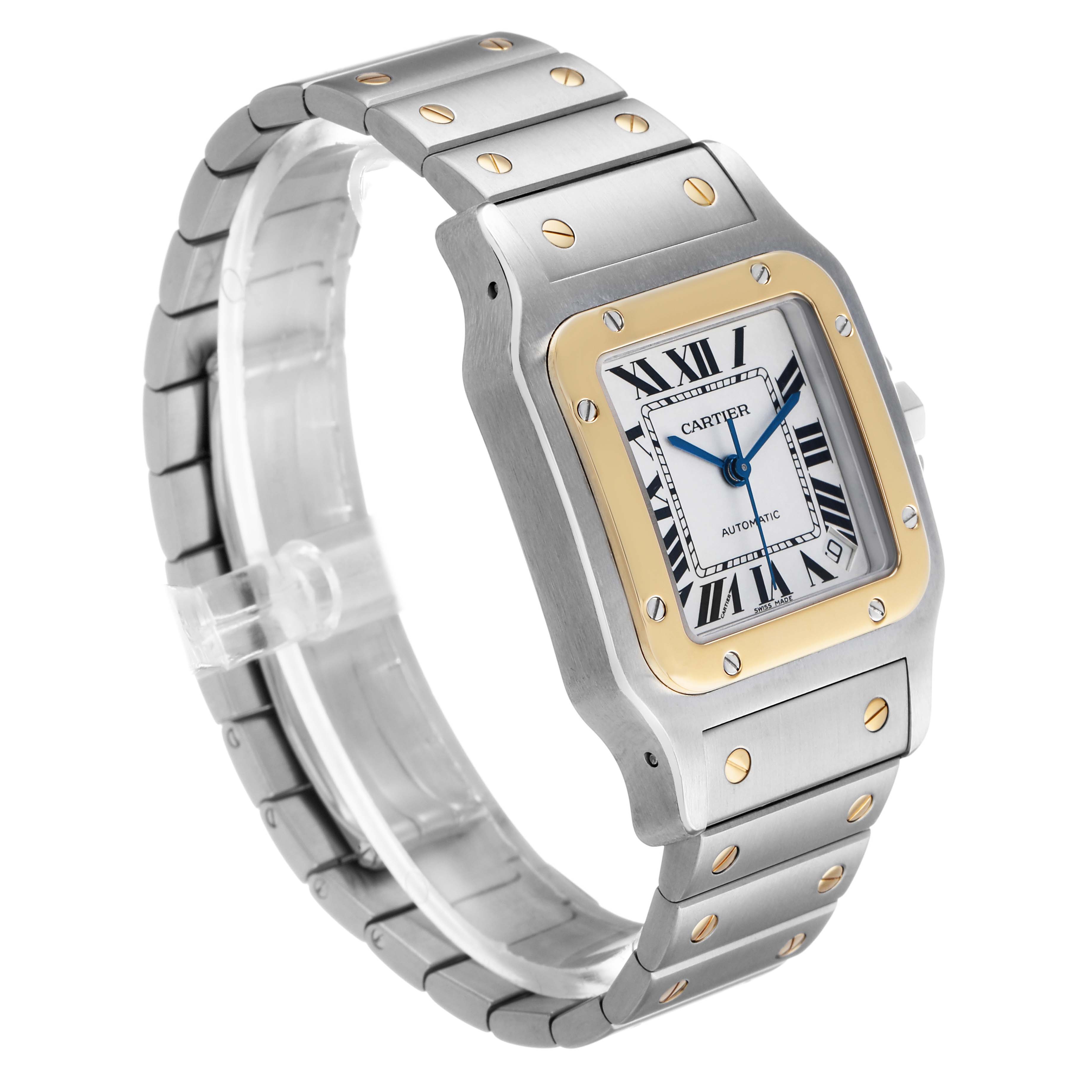 The Cartier Santos W20099C4 Men's Stainless Steel Silver Dial watch is shown at a three-quarter angle, highlighting its square face, two-tone bezel, and bracelet.