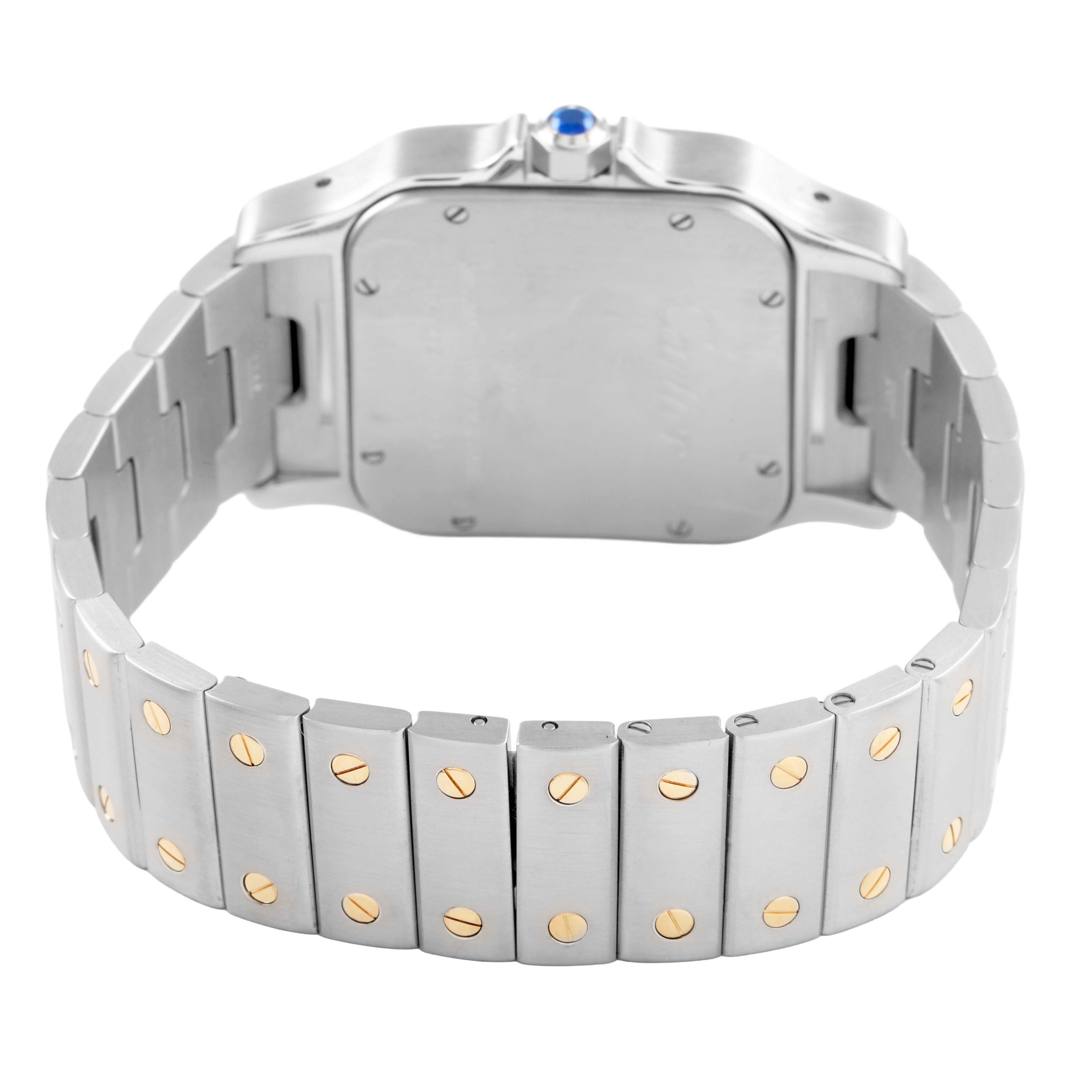 The image shows the back and side view of a Santos model by Cartier, highlighting the bracelet and case back.