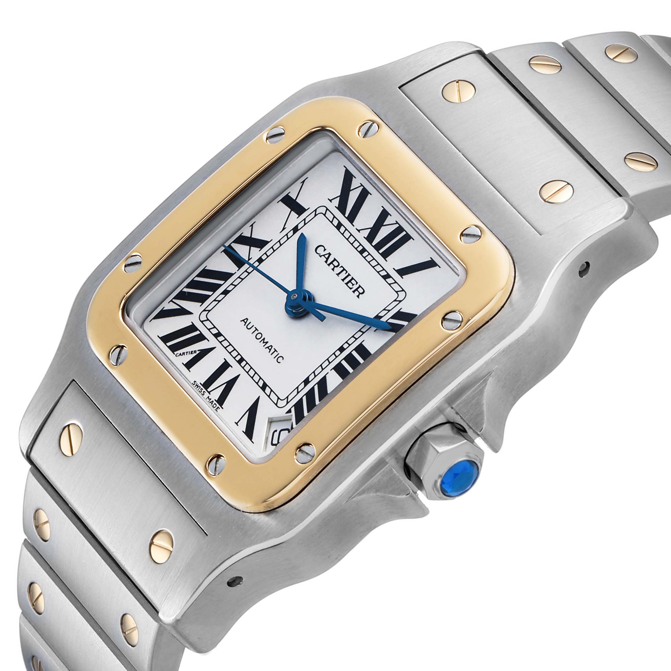 The Cartier Santos W20099C4 Men's Stainless Steel Silver Dial watch is shown at an angle highlighting the face, bezel, and part of the bracelet.
