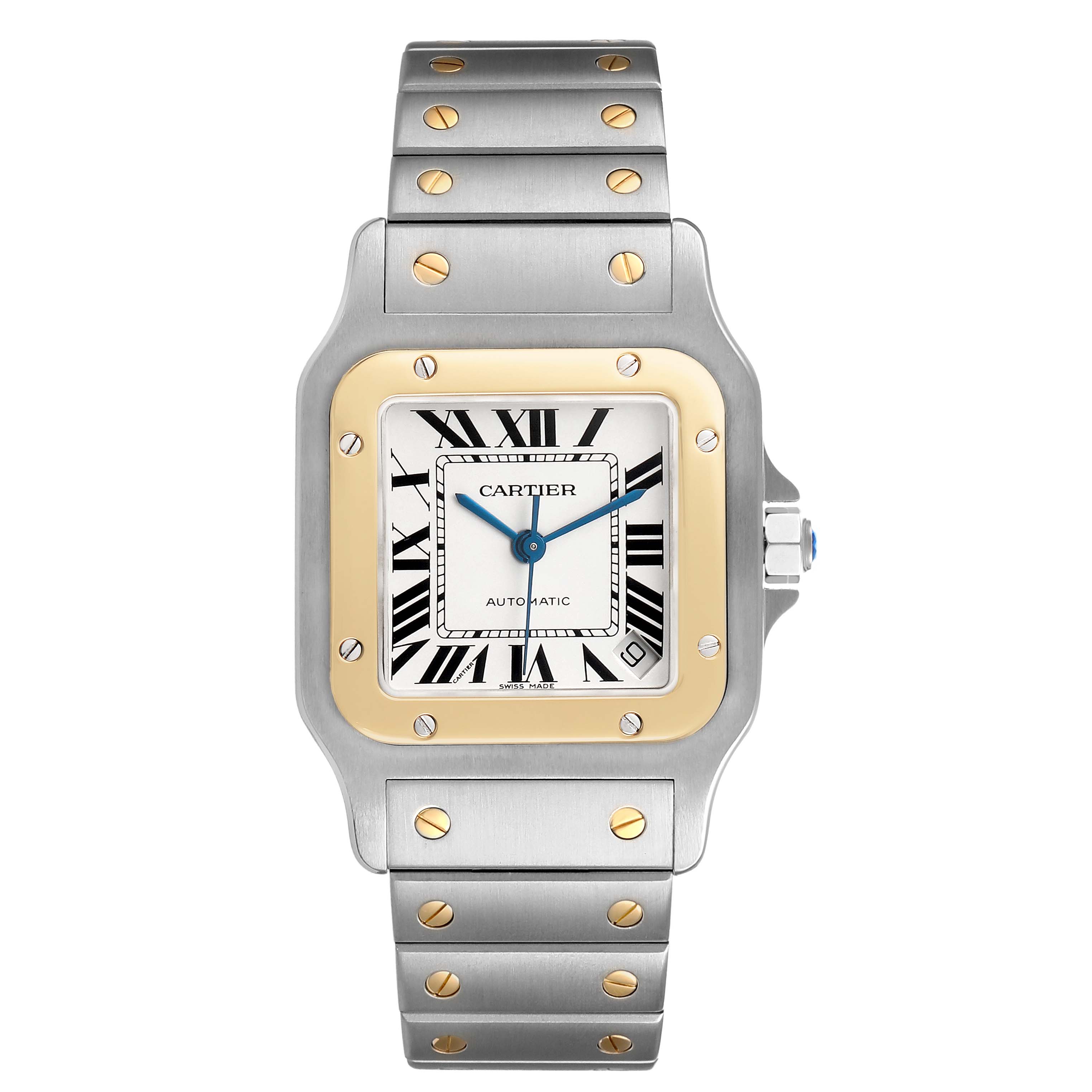 The Cartier Santos W20099C4 Men's Stainless Steel Silver Dial watch is shown from a front angle, highlighting the face, bezel, and bracelet.