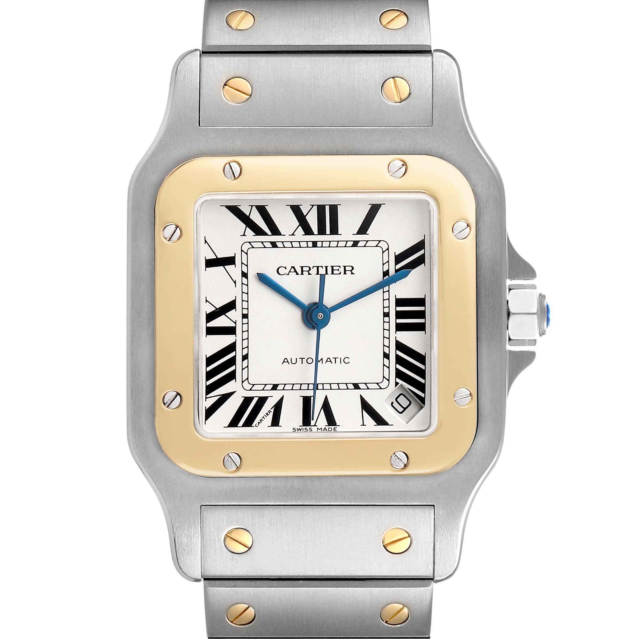 The Cartier Santos W20099C4 Men's Stainless Steel Silver Dial watch is shown from the front, featuring its bezel, dial, hands, bracelet, and crown.