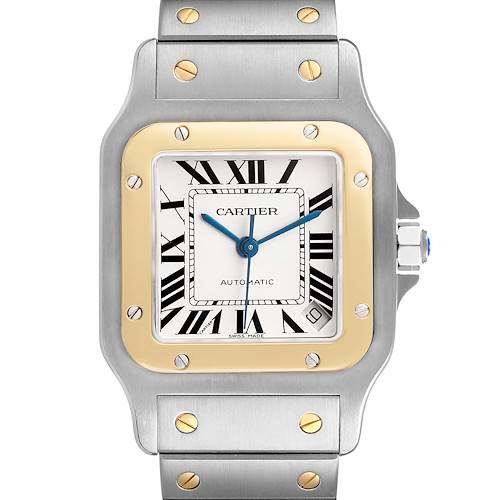 The Cartier Santos W20099C4 Men's Stainless Steel Silver Dial watch is shown from the front, highlighting the dial, case, crown, and part of the bracelet.