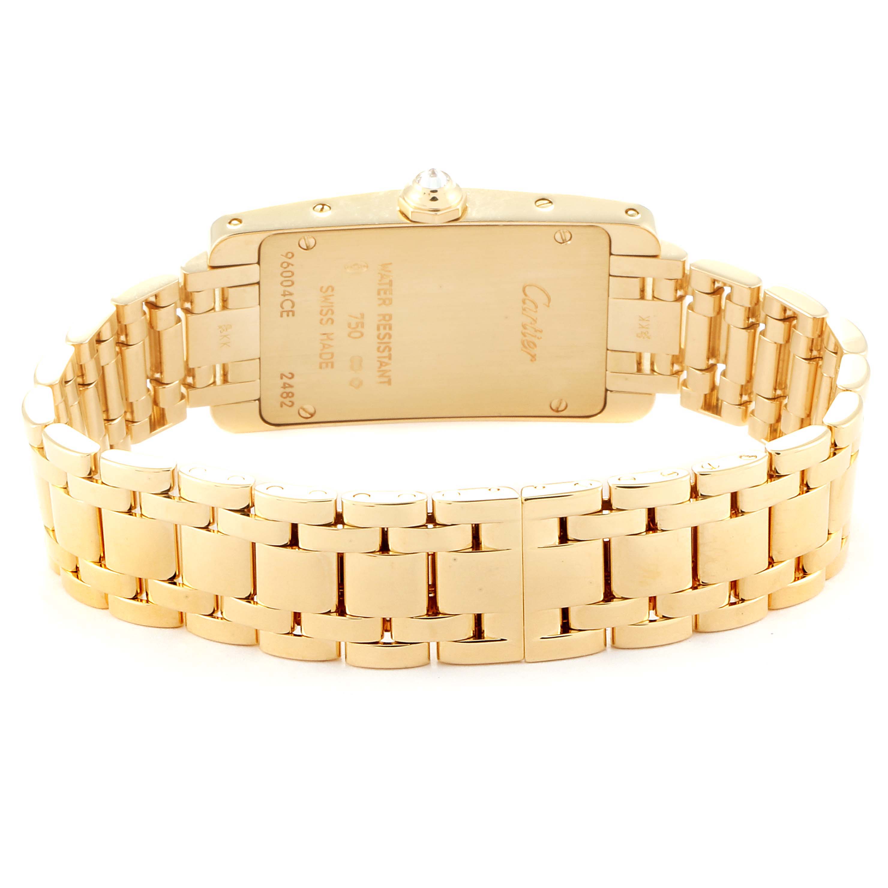 This image shows the back and bracelet of the Cartier Tank Americaine WB7072K2 Women's Yellow Gold Silver Dial WB7072K2 Women's Yellow Gold Silver Dial watch, highlighting the gold casing and clasp.