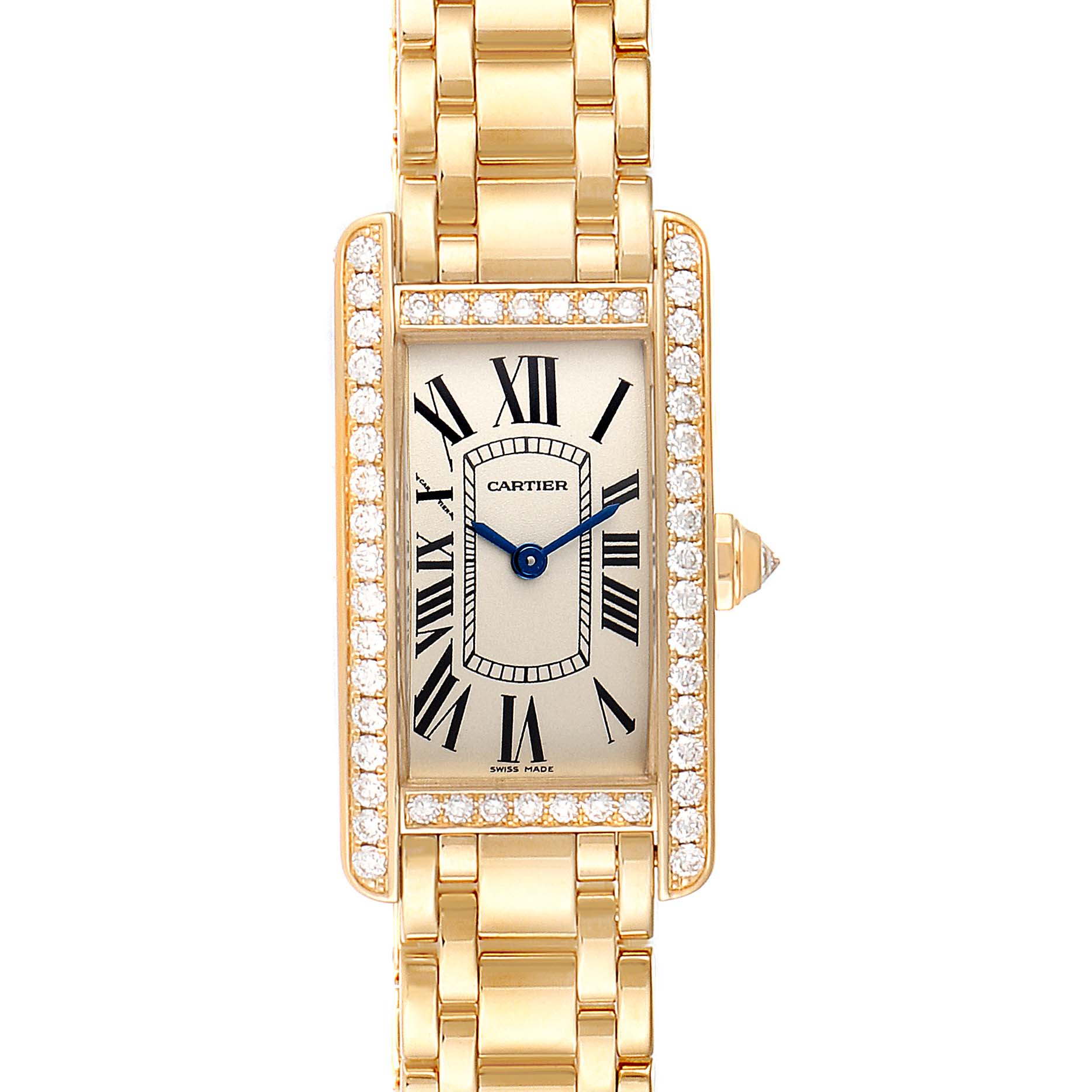 This image shows a frontal view of the Cartier Tank Americaine WB7072K2 Women's Yellow Gold Silver Dial WB7072K2 Women's Yellow Gold Silver Dial watch, highlighting its gold case, bracelet, and diamond bezel.
