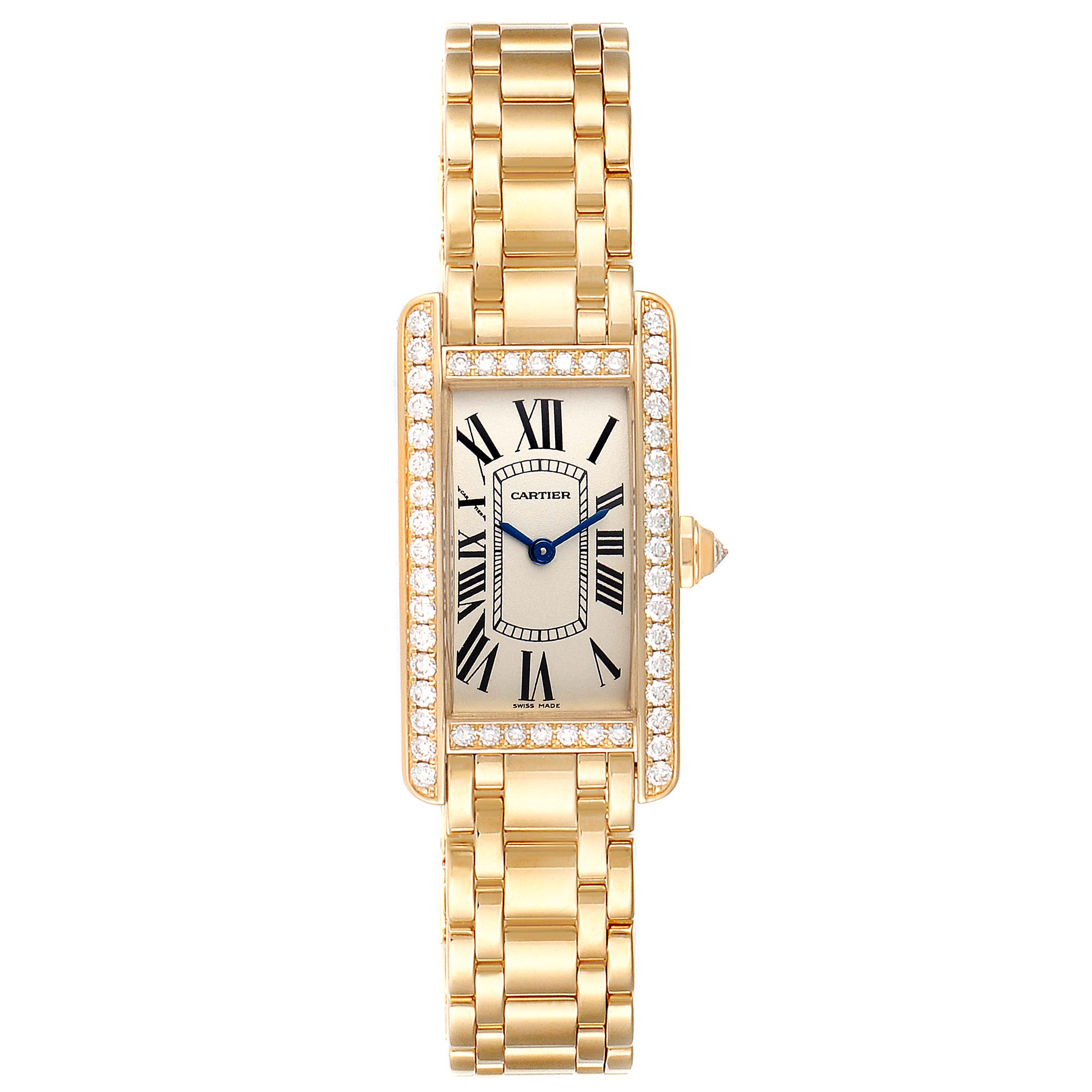 This image shows a Cartier Tank Americaine WB7072K2 Women's Yellow Gold Silver Dial WB7072K2 Women's Yellow Gold Silver Dial watch from a top view, displaying its rectangular face, Roman numerals, and gold bracelet.