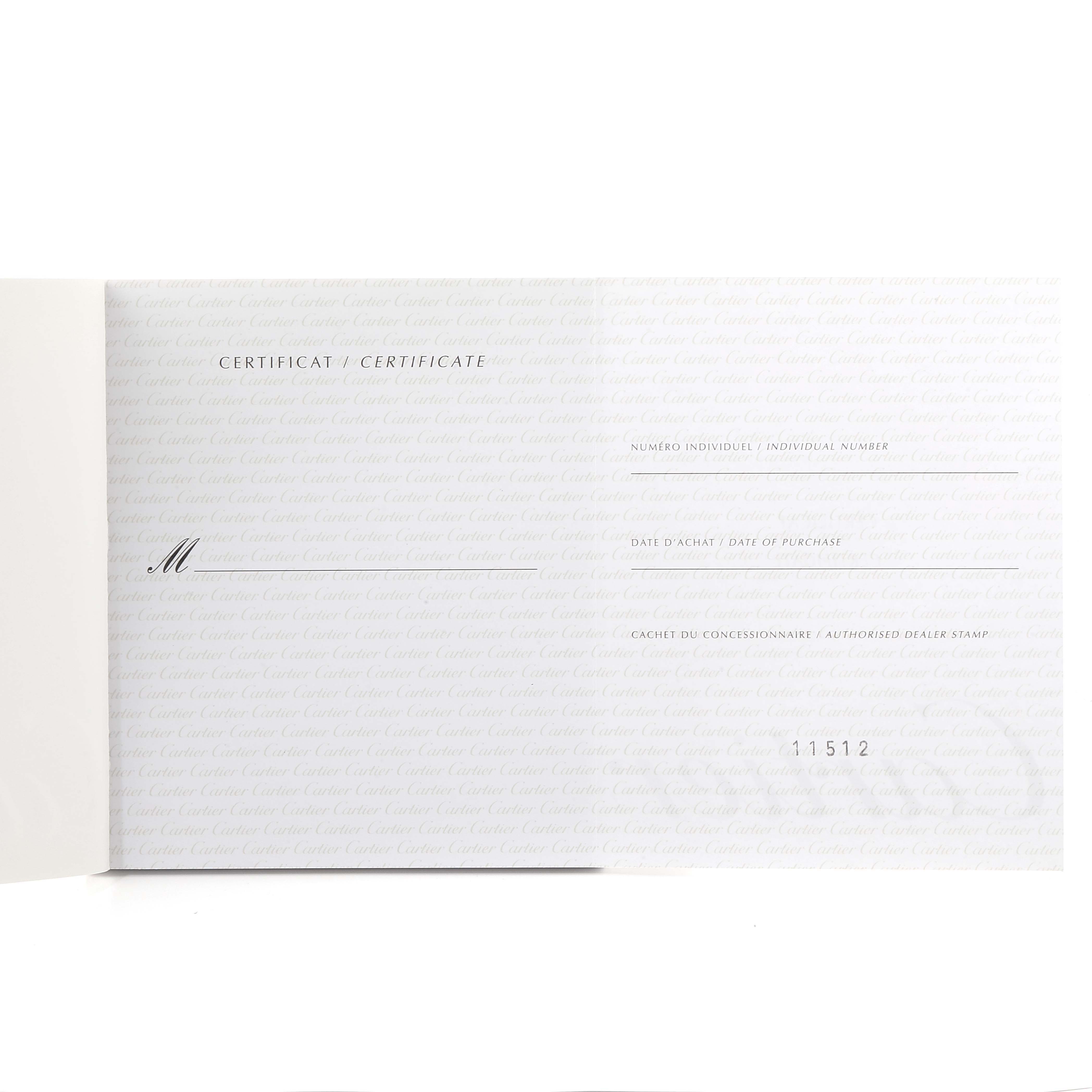 This image shows an official certificate for the Cartier Tank Americaine WB7072K2 Women's Yellow Gold Silver Dial WB7072K2 Women's Yellow Gold Silver Dial model, detailing purchase and individual number information.