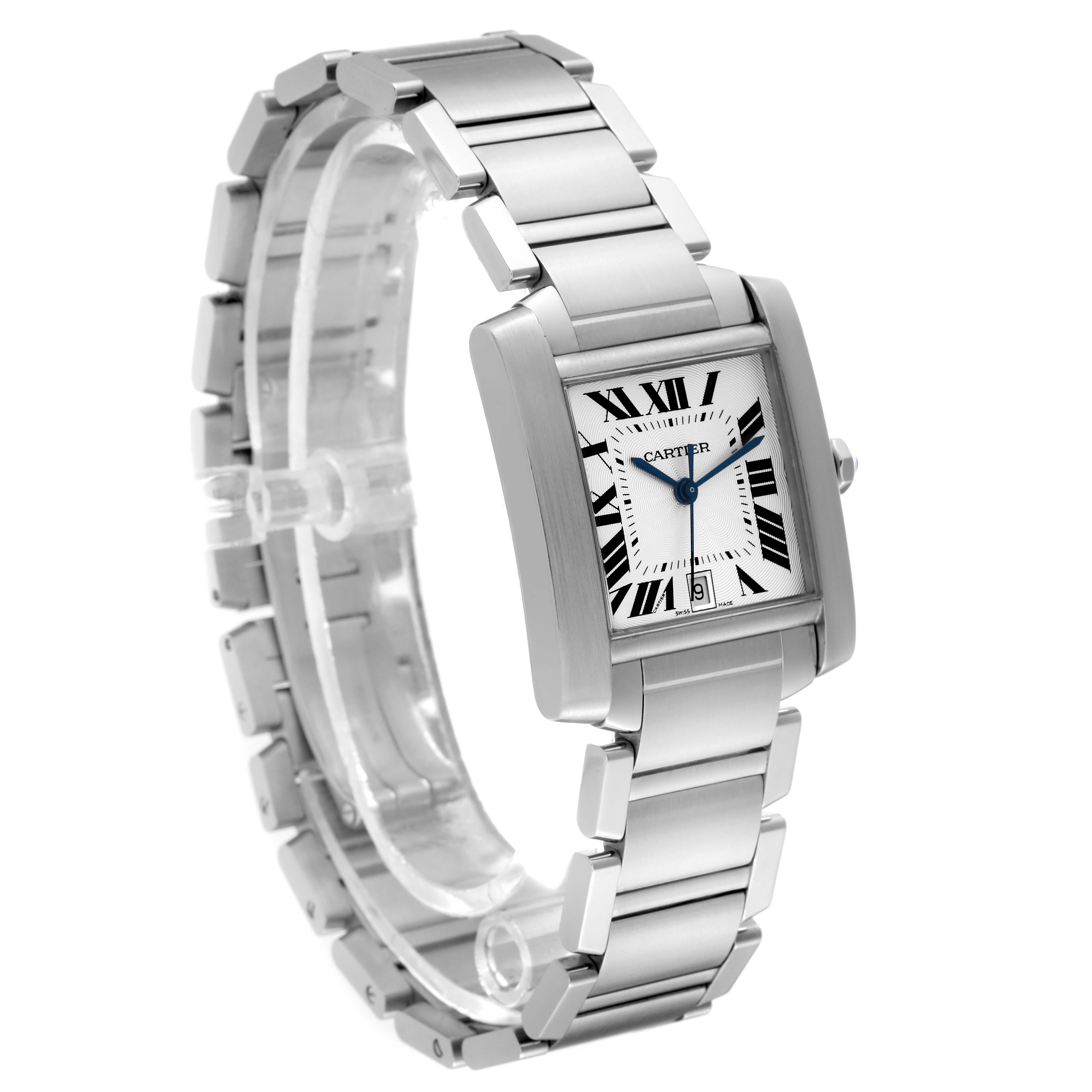 The image shows a Cartier Tank Francaise W51002Q3 Men
s Stainless Steel Silver Dial W51002Q3 Men
s Stainless Steel Silver Dial watch angled to display its face, bracelet, and side profile.