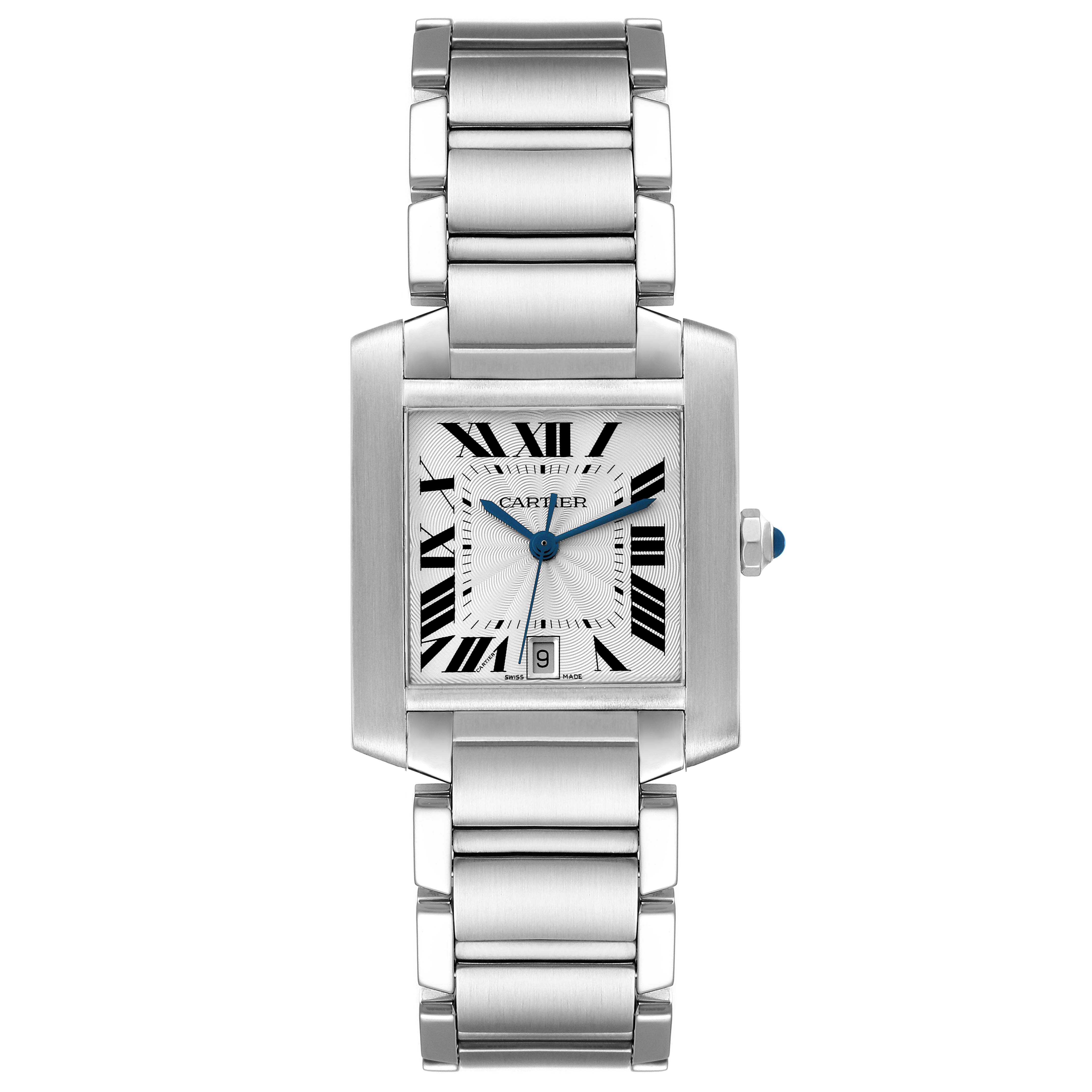 The Cartier Tank Francaise W51002Q3 Men
s Stainless Steel Silver Dial W51002Q3 Men
s Stainless Steel Silver Dial watch is shown from a front angle, displaying its face, bracelet, and crown.