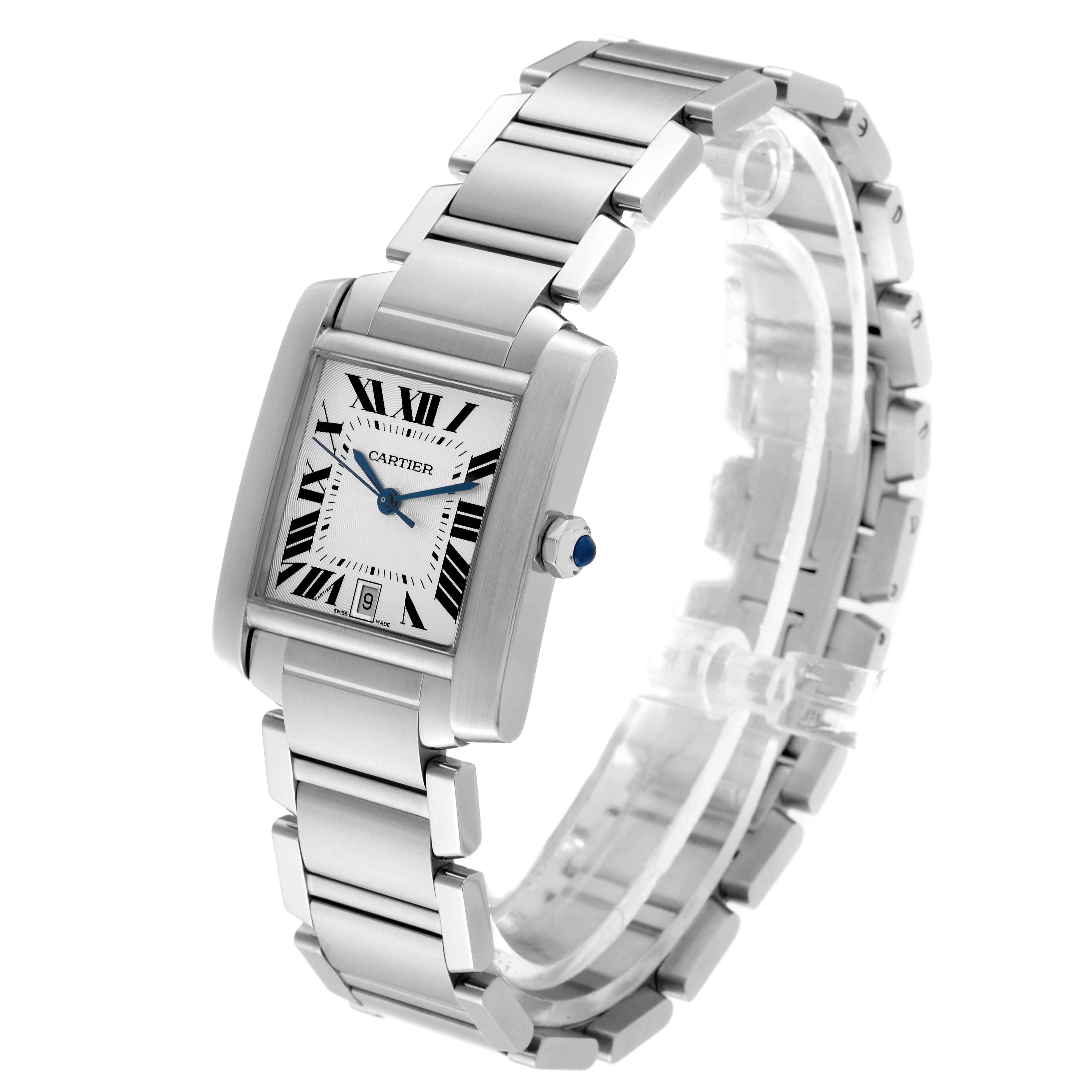 The Cartier Tank Francaise W51002Q3 Men
s Stainless Steel Silver Dial W51002Q3 Men
s Stainless Steel Silver Dial watch is shown at an angled perspective, displaying its face, bracelet, and crown.
